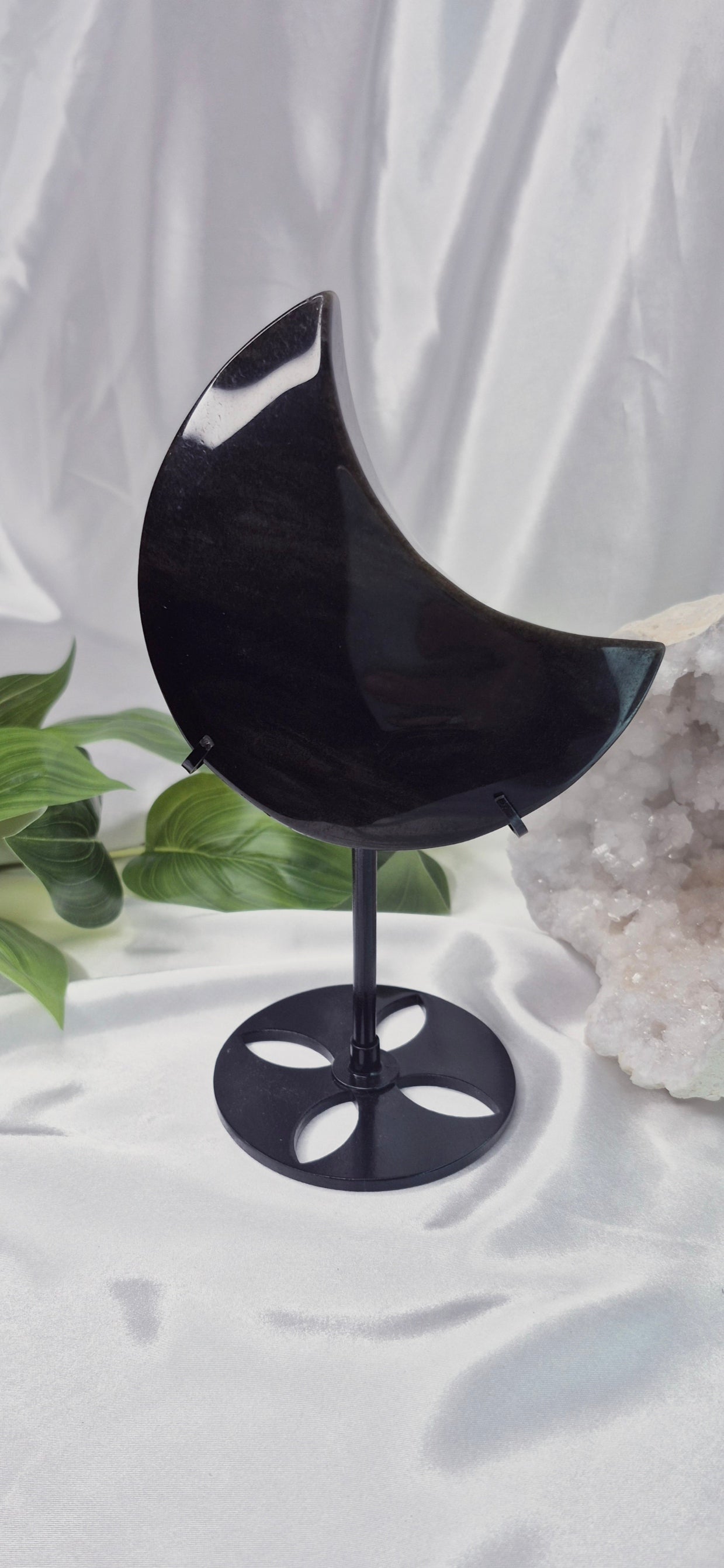 Gold Sheen Obsidian Moon Carving on Stand  #B
