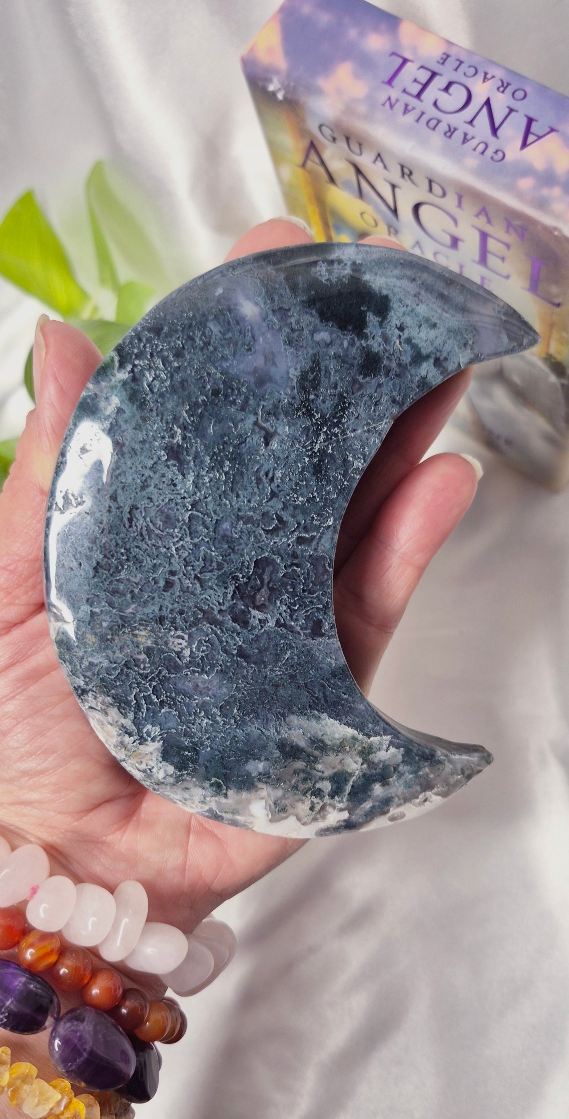 Large Moss Agate Moon Carving on Stand  #B