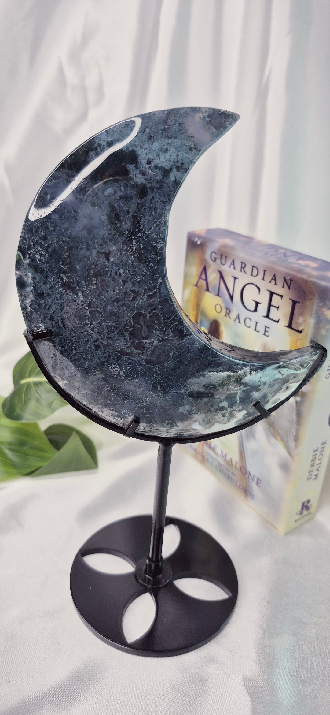 Large Moss Agate Moon Carving on Stand  #B