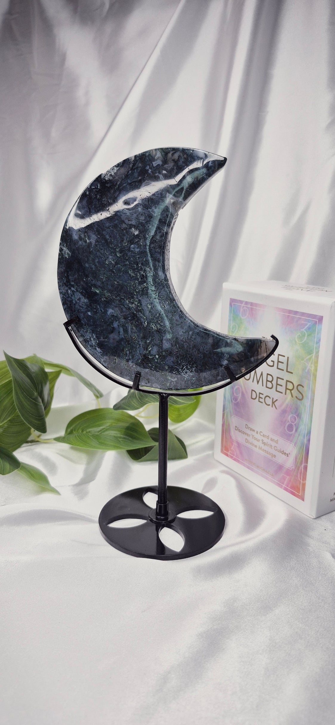 Large Moss Agate Moon Carving on Stand  #A