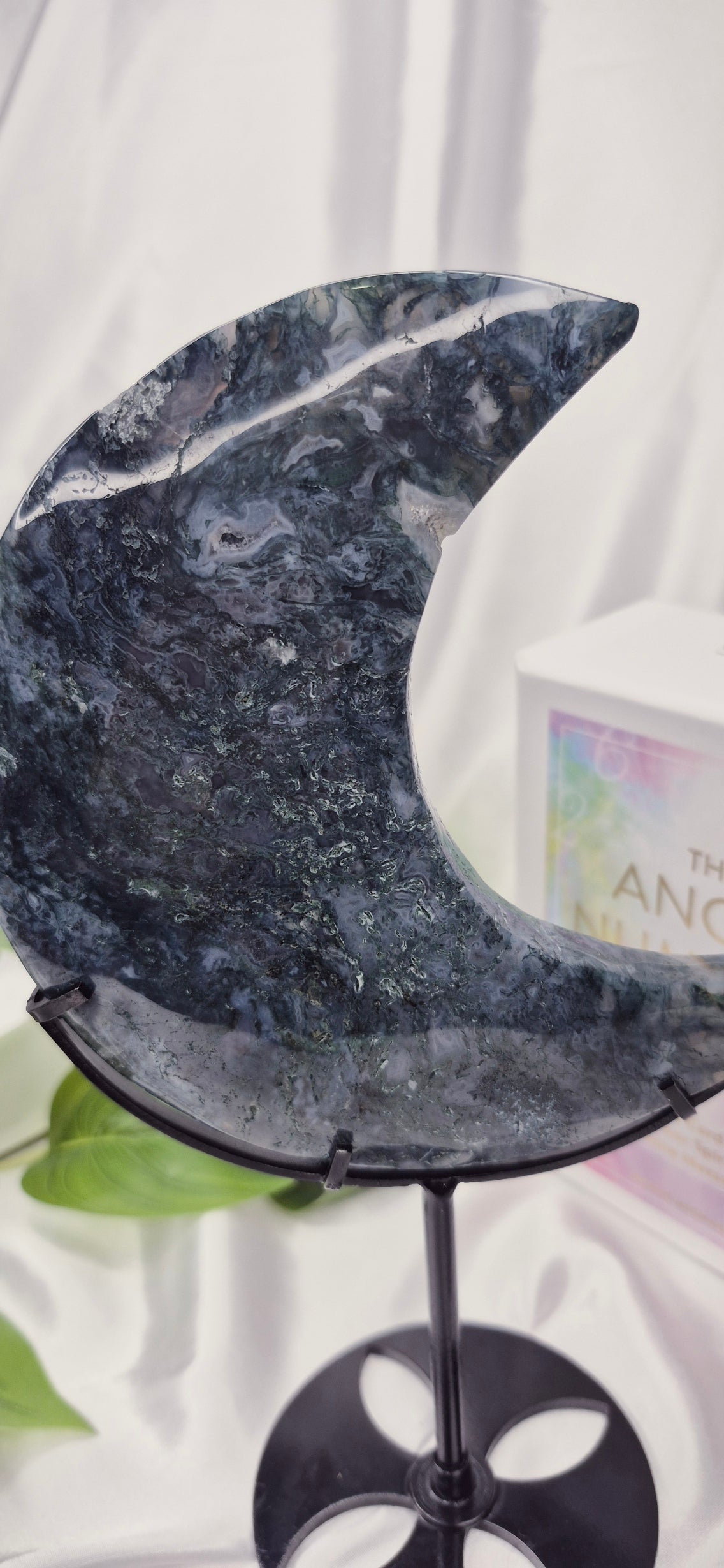 Large Moss Agate Moon Carving on Stand  #A