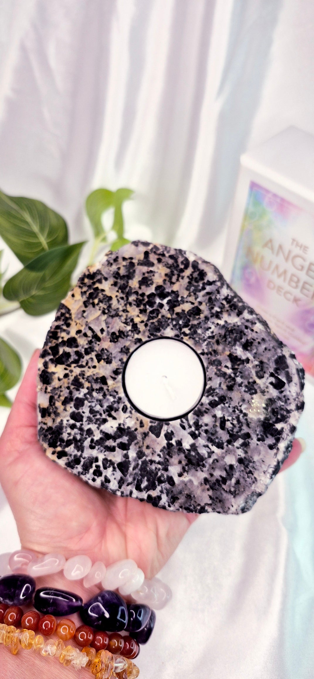 Black Tourmaline and Clear Quartz Tealight Holder