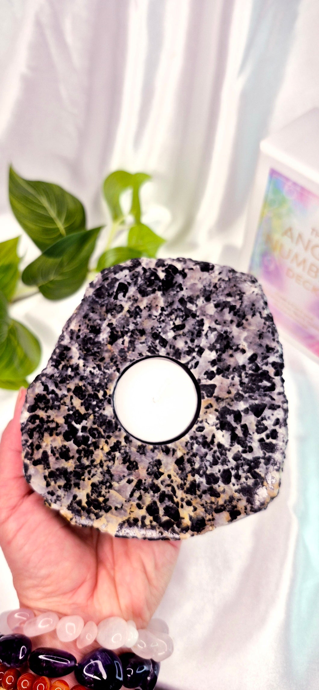 Black Tourmaline and Clear Quartz Tealight Holder