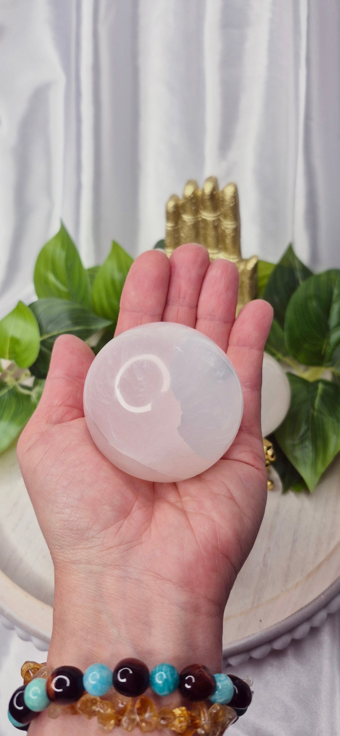 Polished Selenite Sphere on Stand