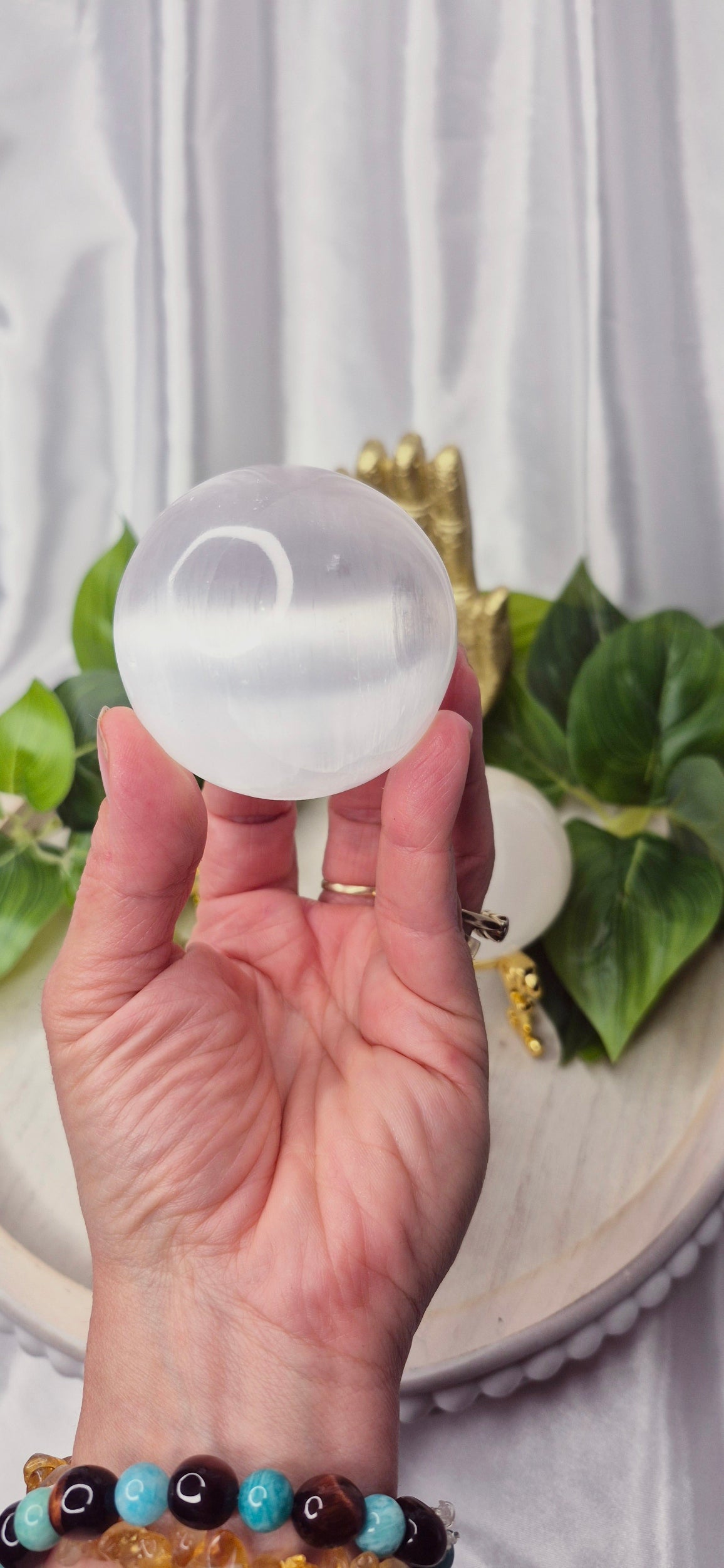 Polished Selenite Sphere on Stand