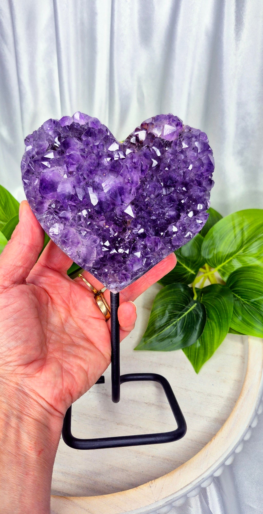 A-Grade Amethyst Heart Carving Cluster on Stand