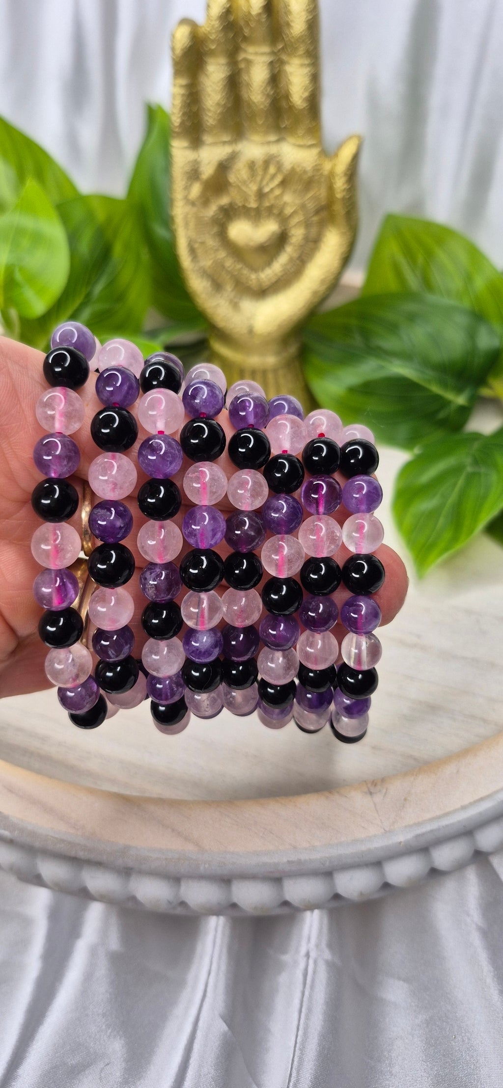 Rose Quartz/Amethyst/Black Obsidian Beaded Bracelet