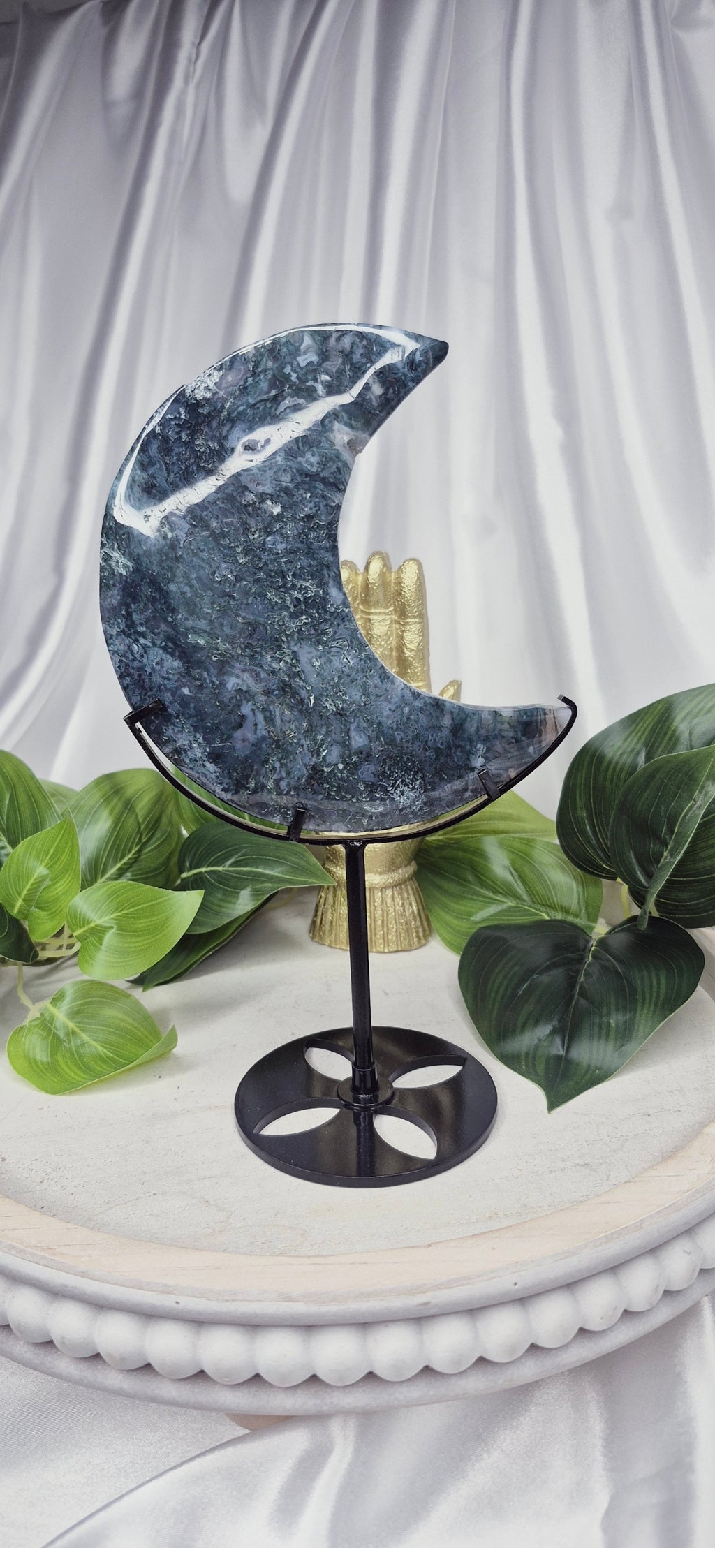 Large Moss Agate Moon Carving on Stand  #A