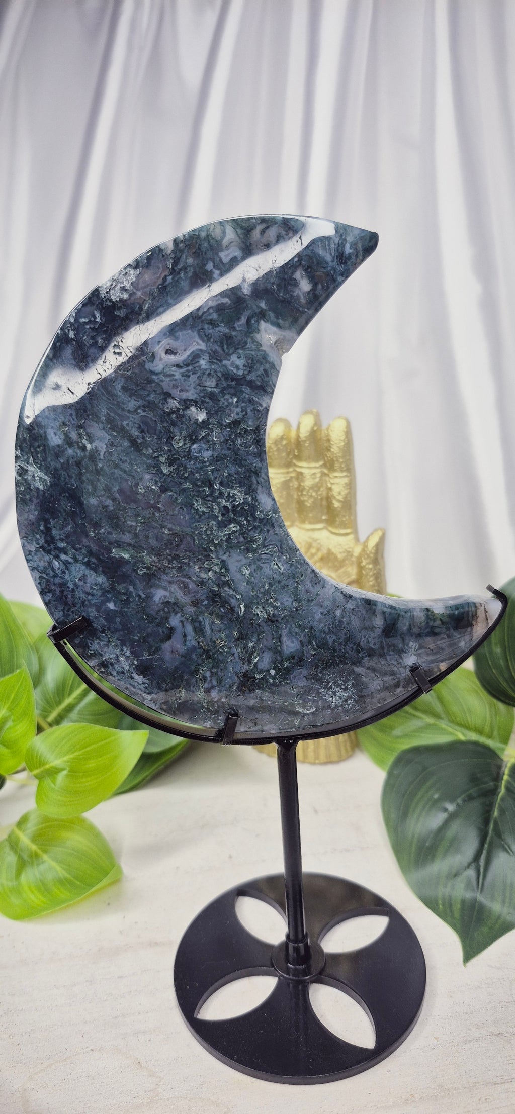 Large Moss Agate Moon Carving on Stand  #A
