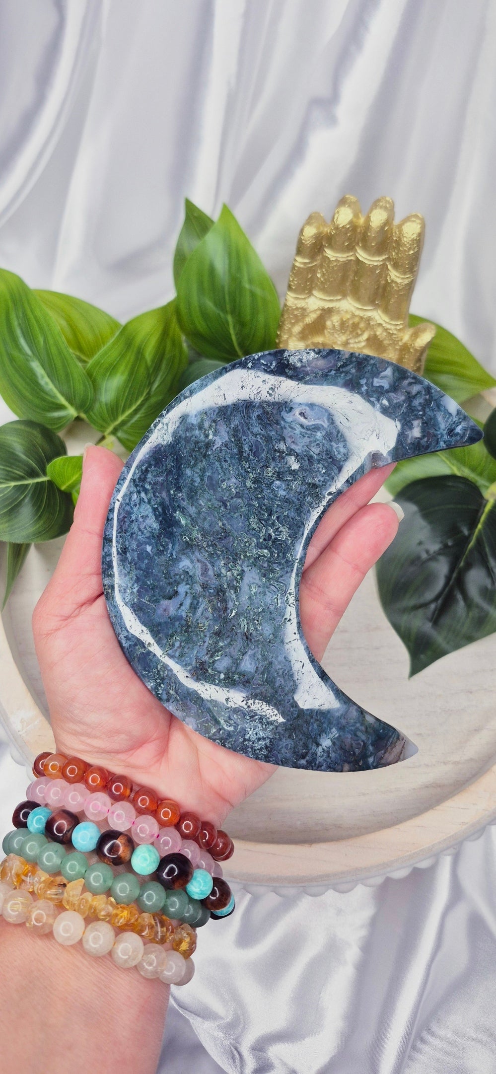 Large Moss Agate Moon Carving on Stand  #A