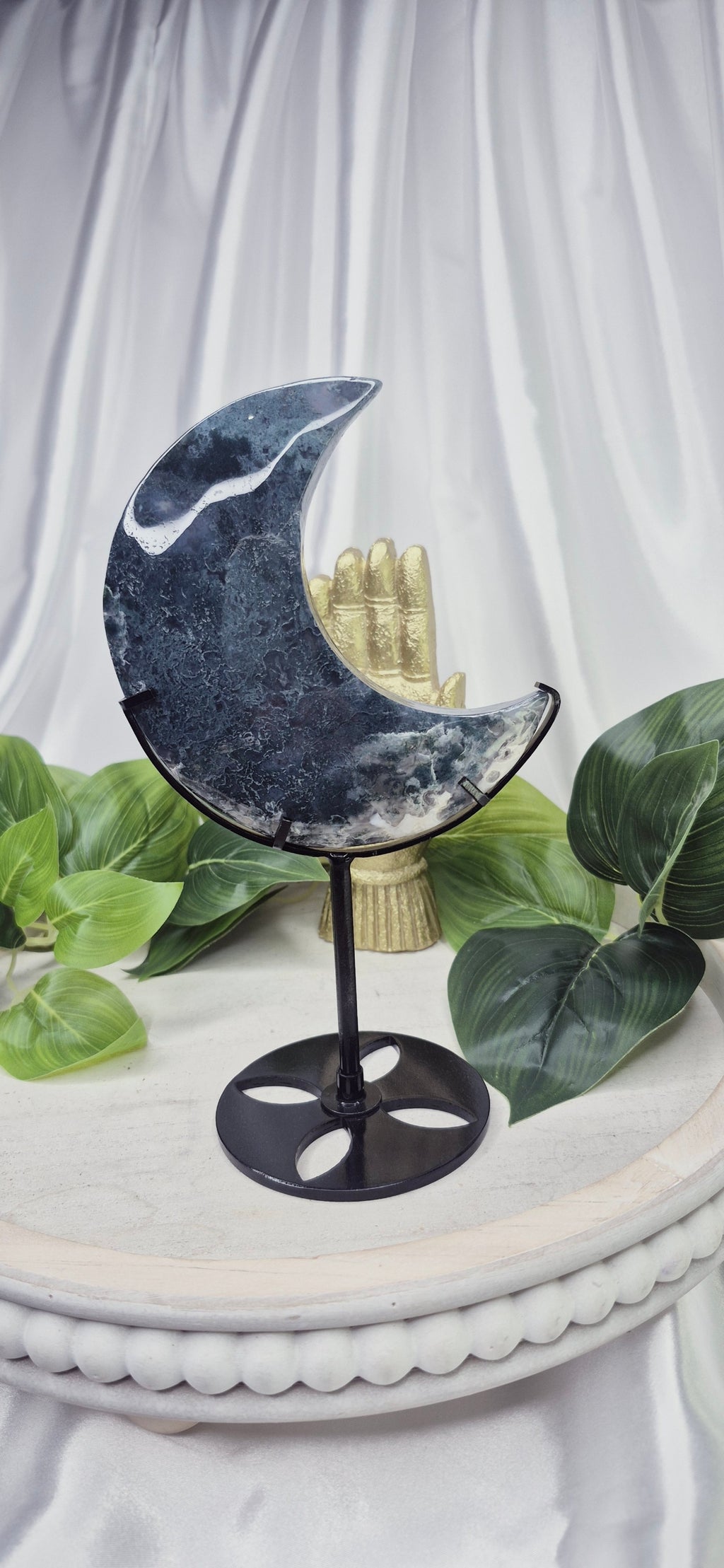 Large Moss Agate Moon Carving on Stand  #B
