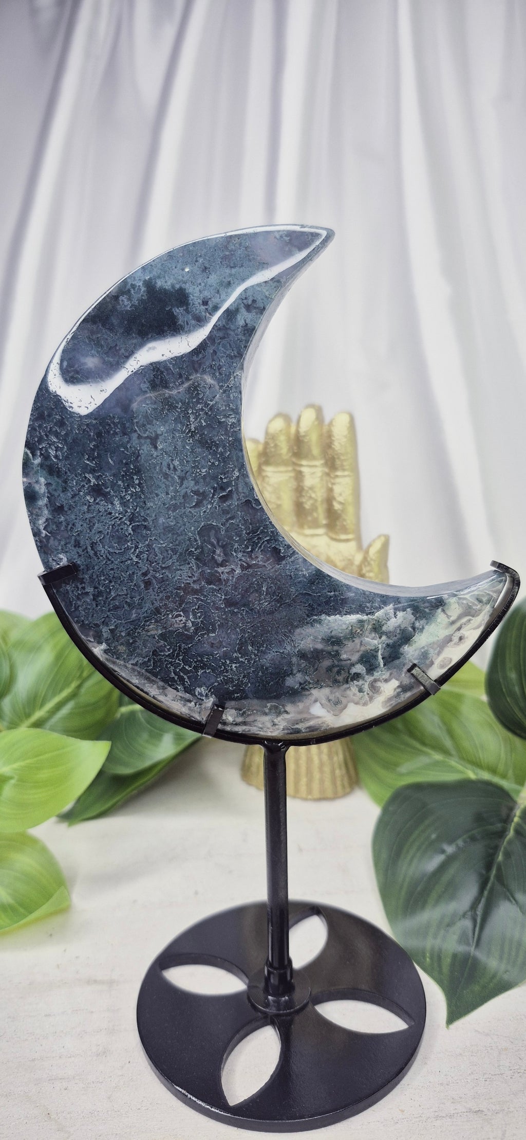 Large Moss Agate Moon Carving on Stand  #B