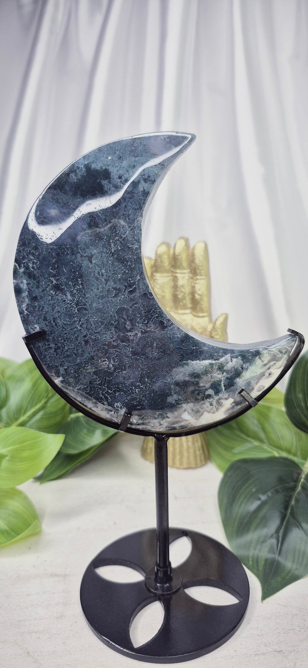 Large Moss Agate Moon Carving on Stand  #B