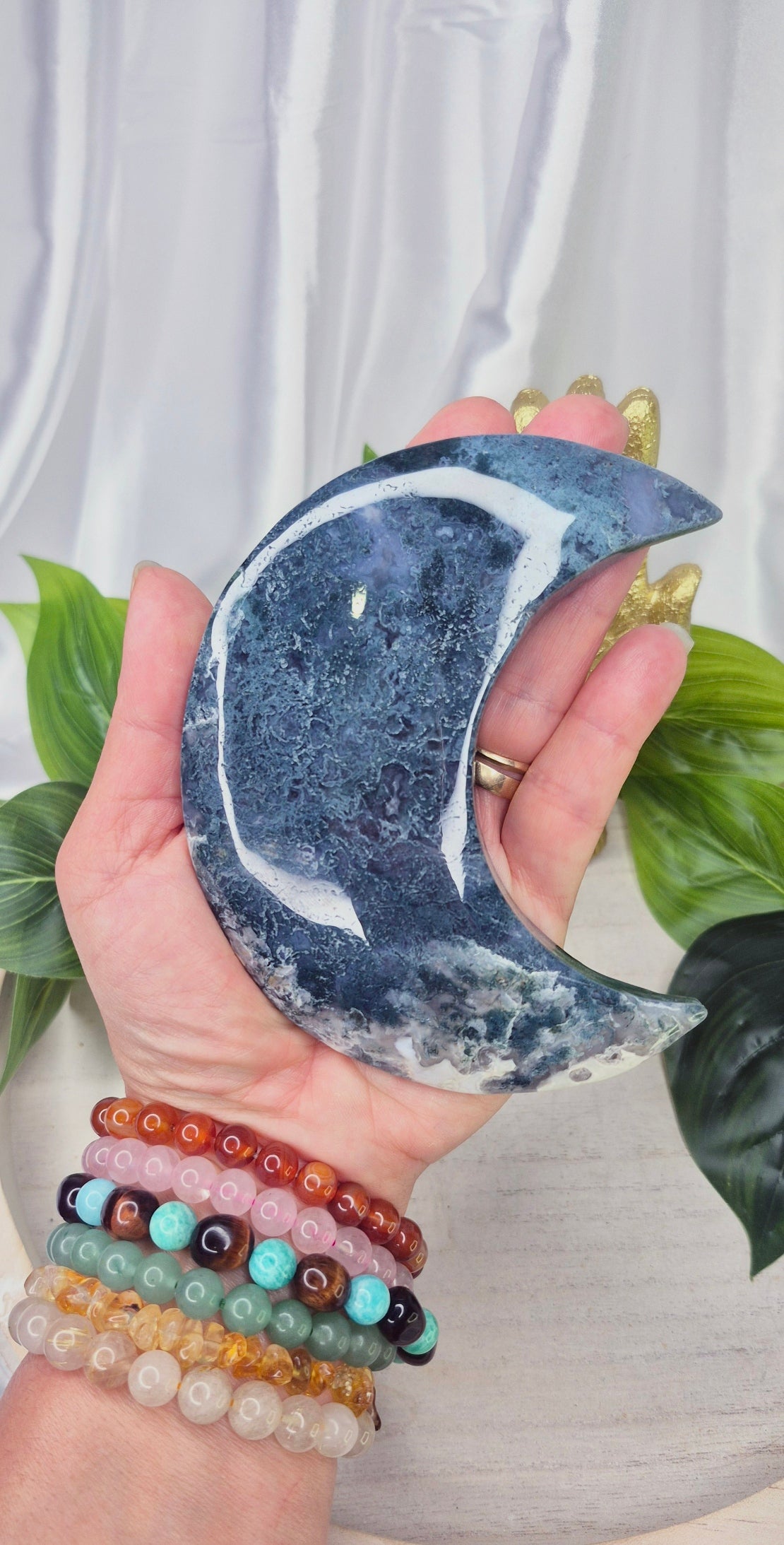 Large Moss Agate Moon Carving on Stand  #B
