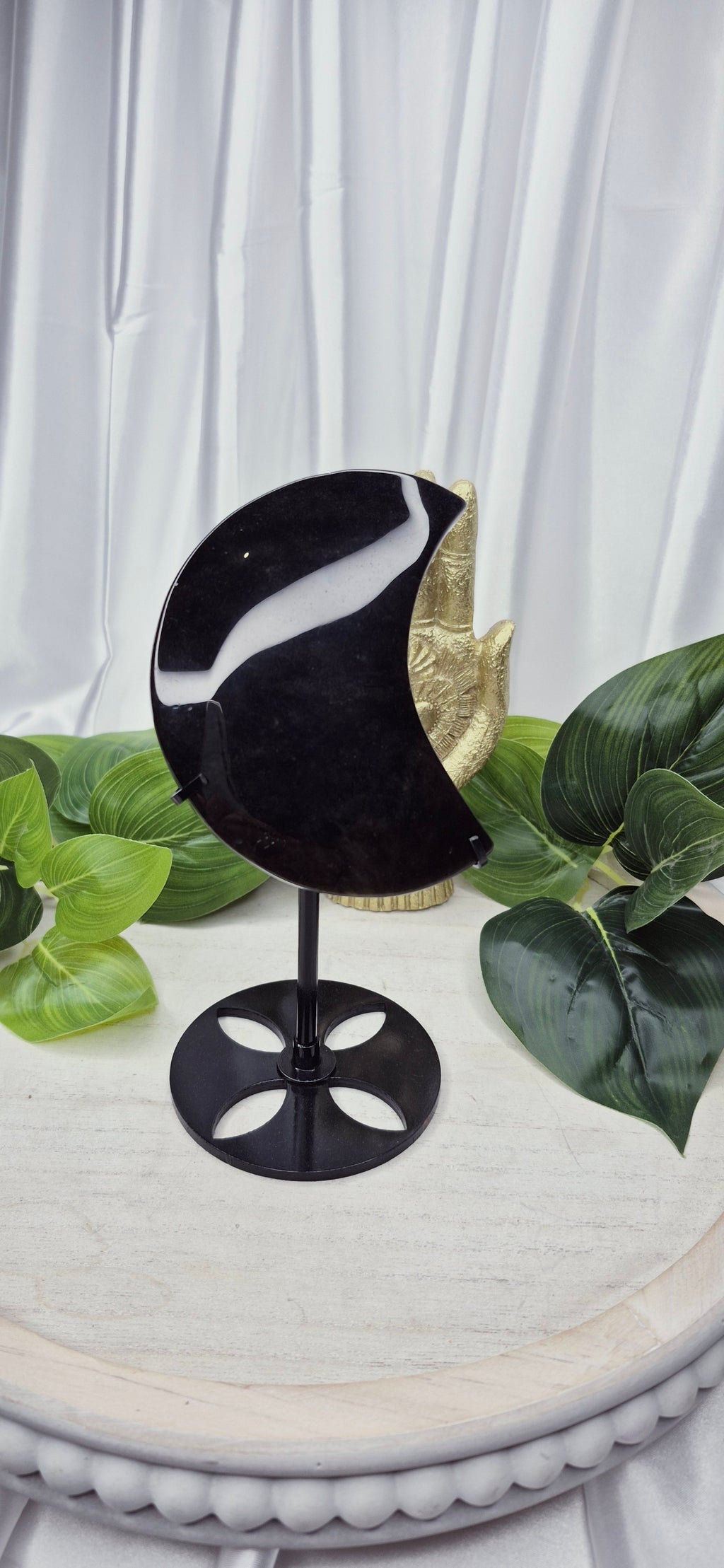 Gold Sheen Obsidian Moon Carving on Stand  #A