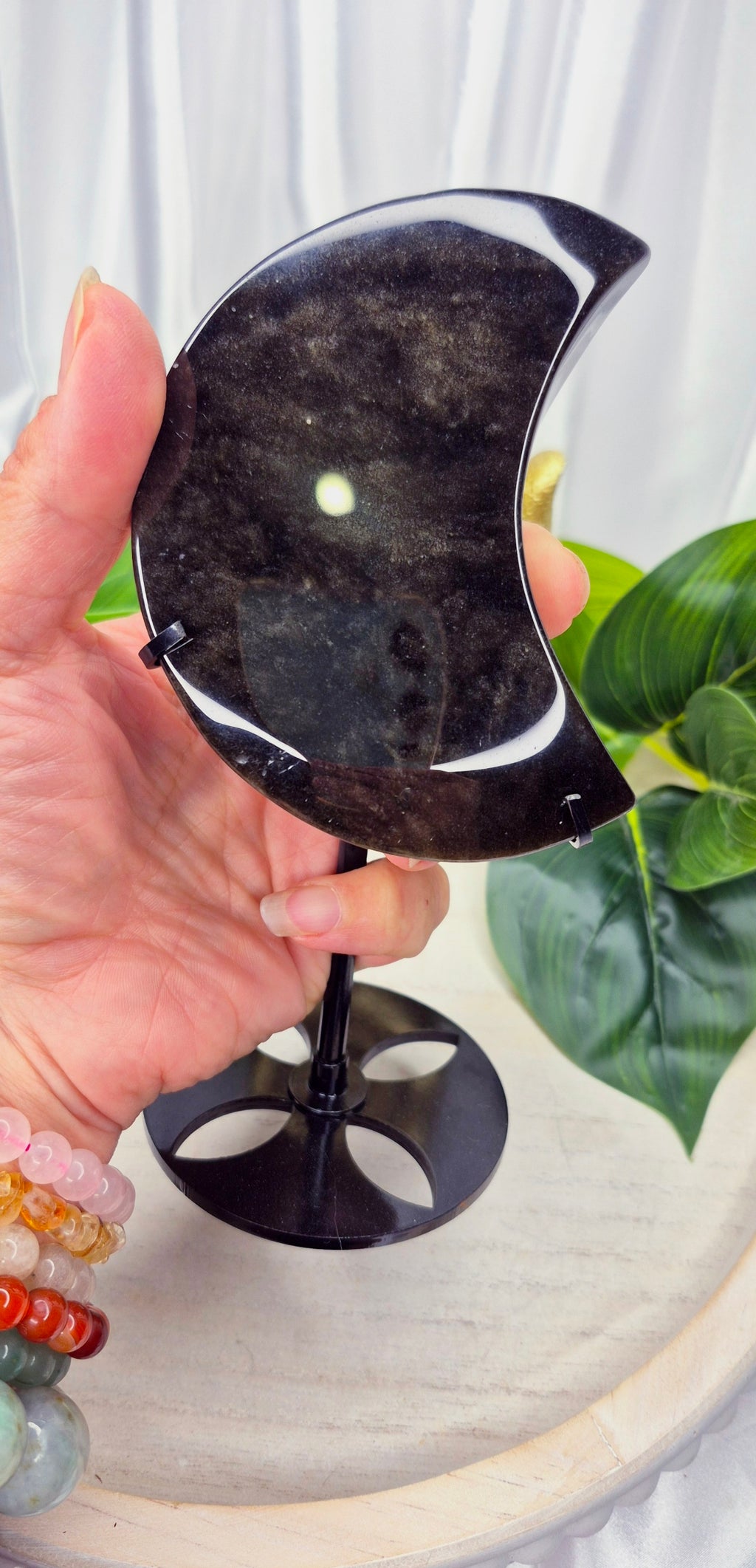 Gold Sheen Obsidian Moon Carving on Stand  #A