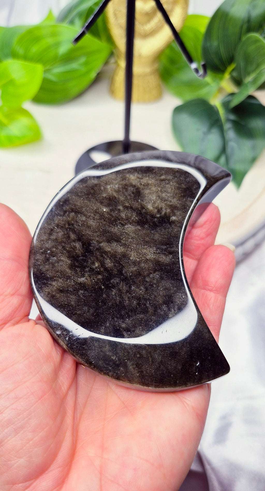 Gold Sheen Obsidian Moon Carving on Stand  #A