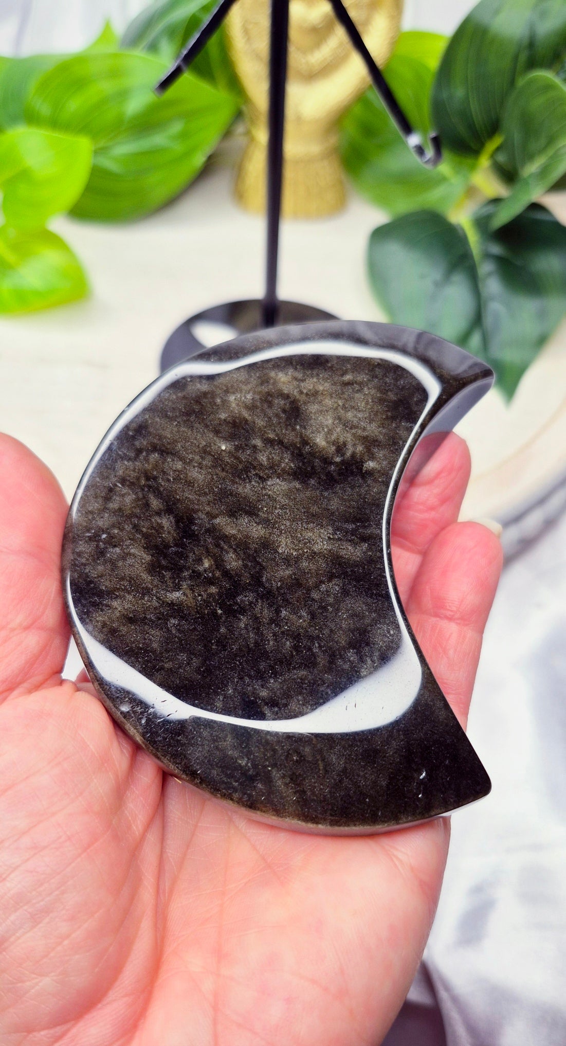 Gold Sheen Obsidian Moon Carving on Stand  #A