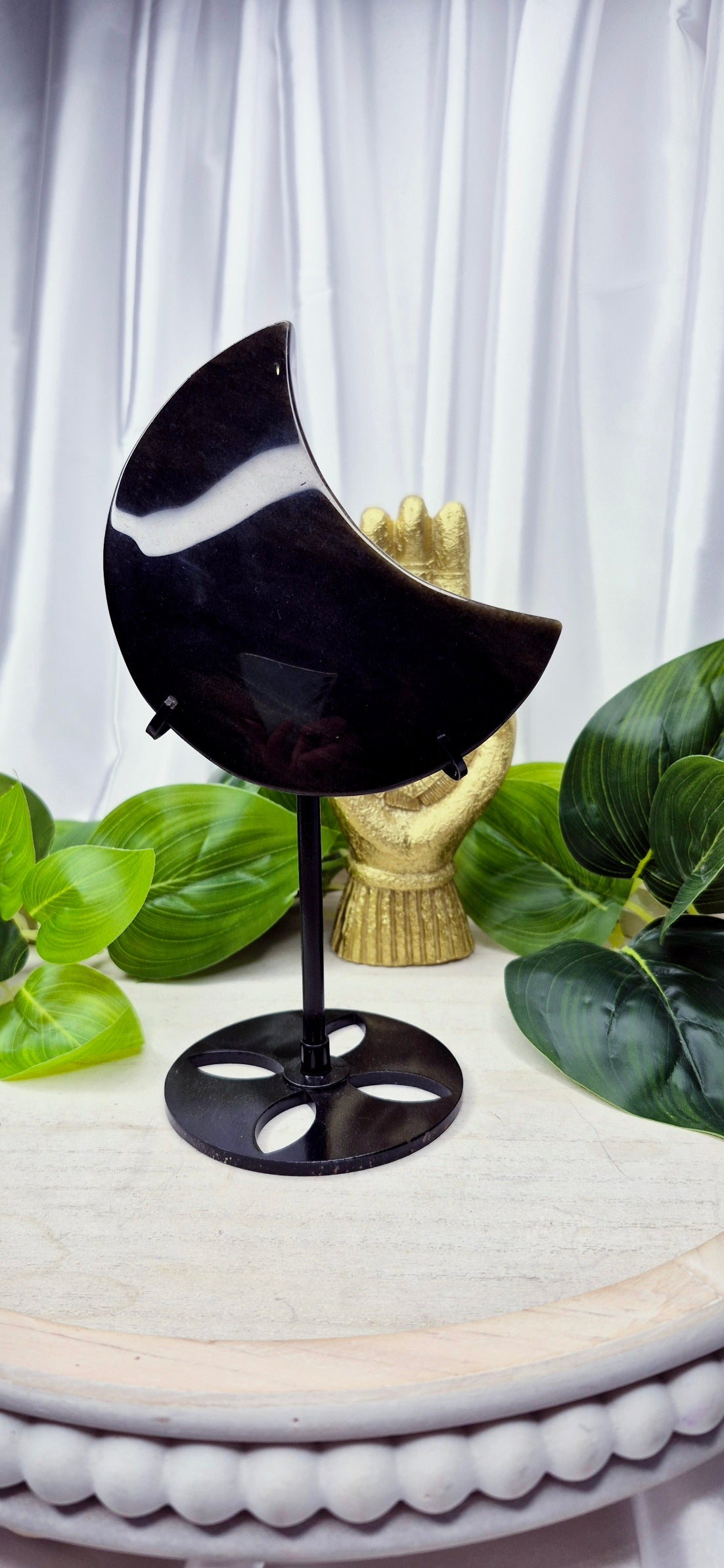 Gold Sheen Obsidian Moon Carving on Stand  #B
