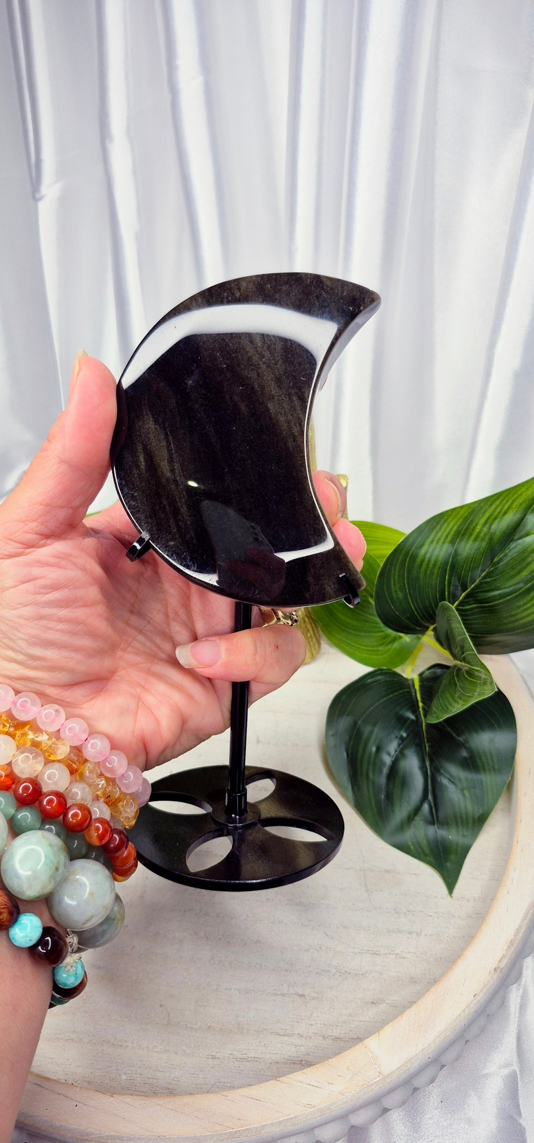 Gold Sheen Obsidian Moon Carving on Stand  #B