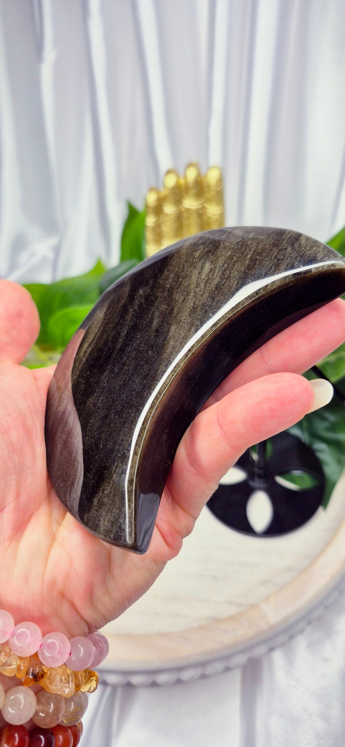 Gold Sheen Obsidian Moon Carving on Stand  #B