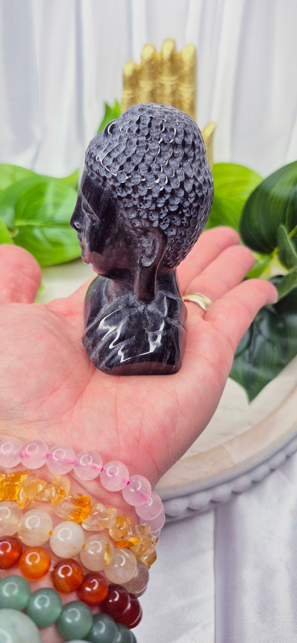 Silver Sheen Obsidian Buddha Carving