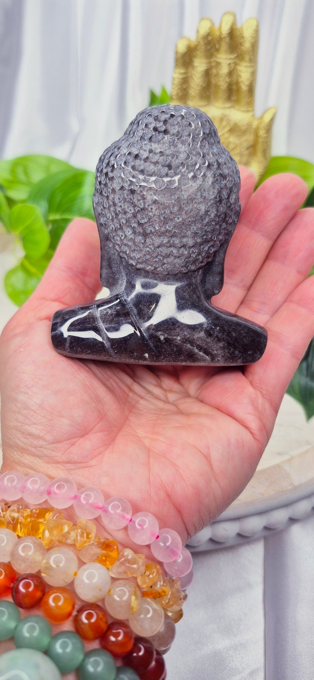 Silver Sheen Obsidian Buddha Carving