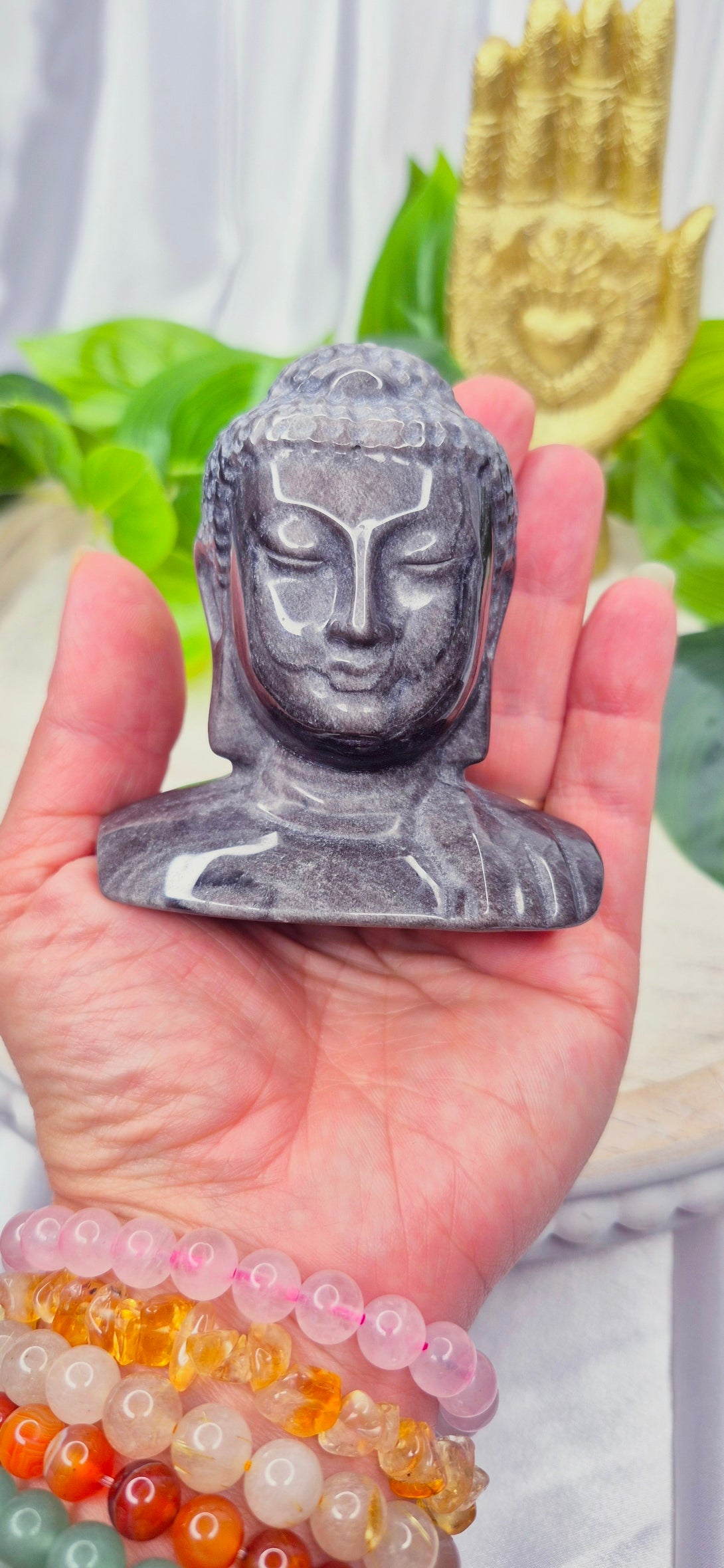 Silver Sheen Obsidian Buddha Carving