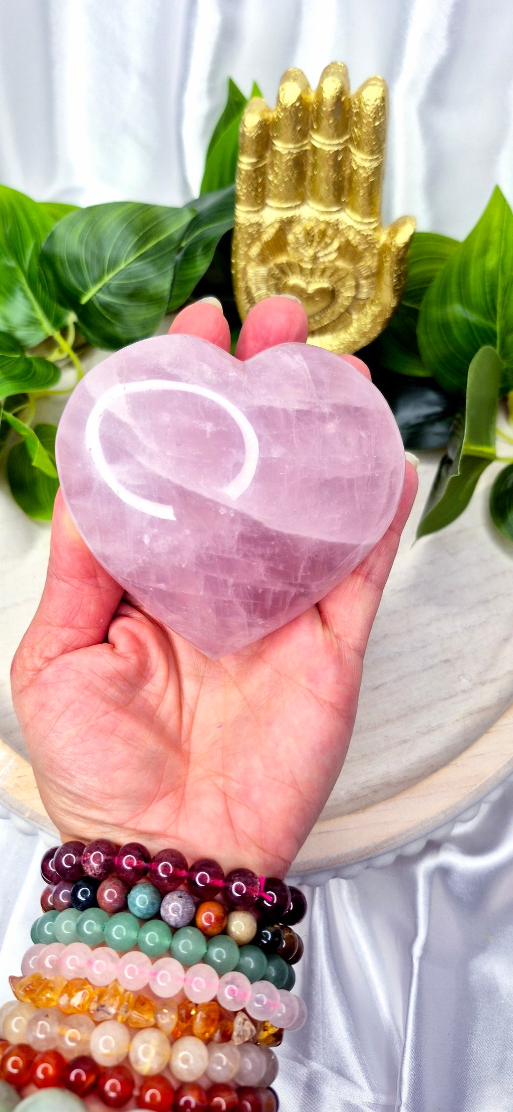 Large Lavender Rose Quartz Heart Carving on Stand