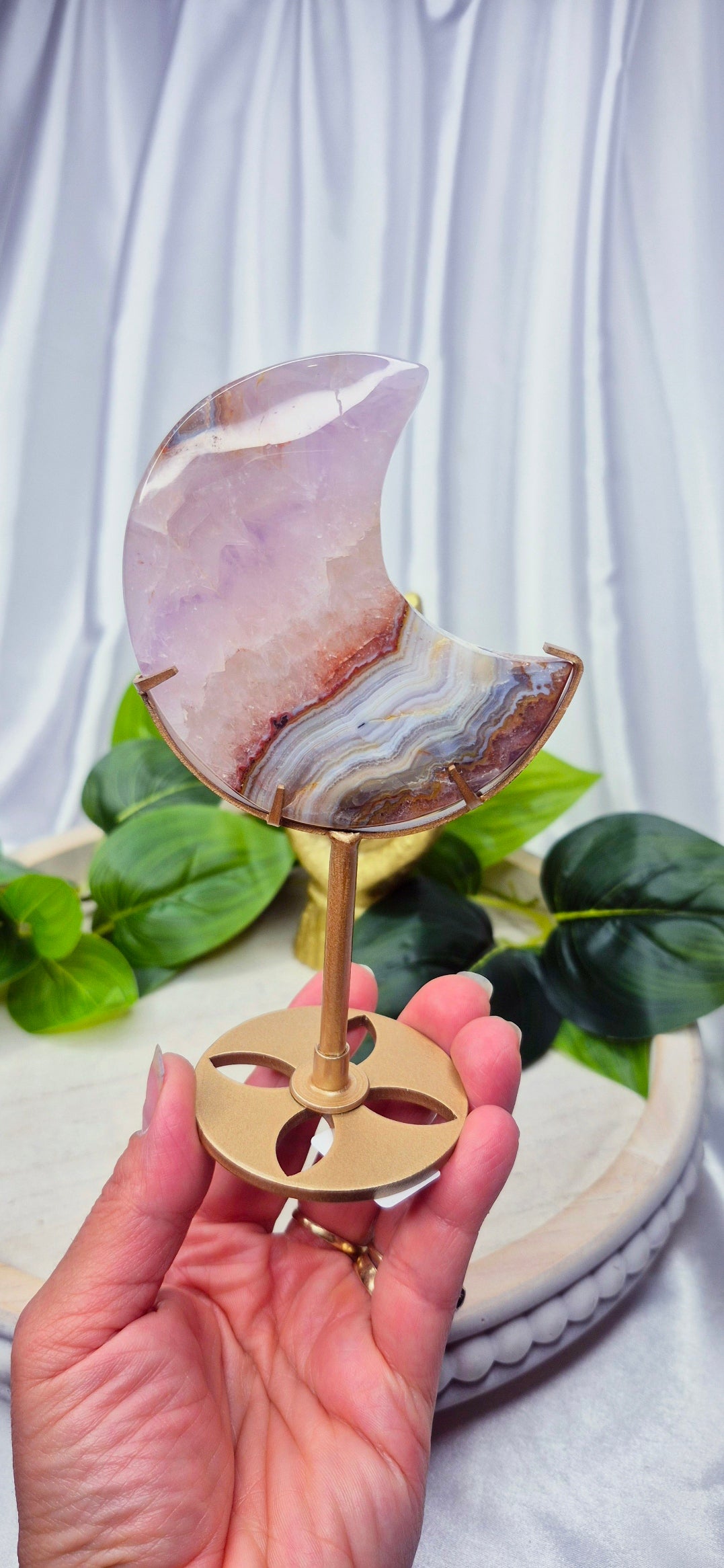 Amethyst x Crazy Lace Agate Moon Carving on Stand  #A