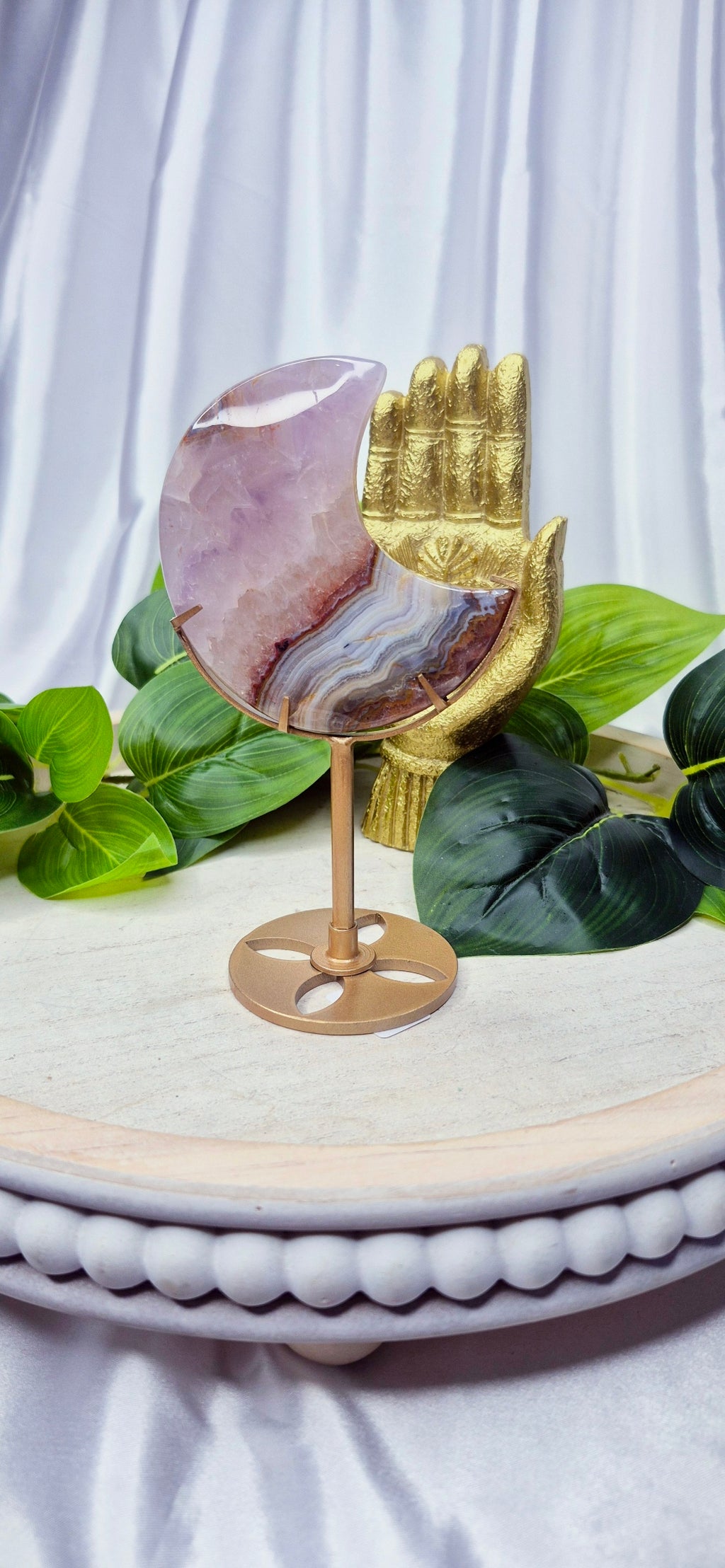Amethyst x Crazy Lace Agate Moon Carving on Stand  #A