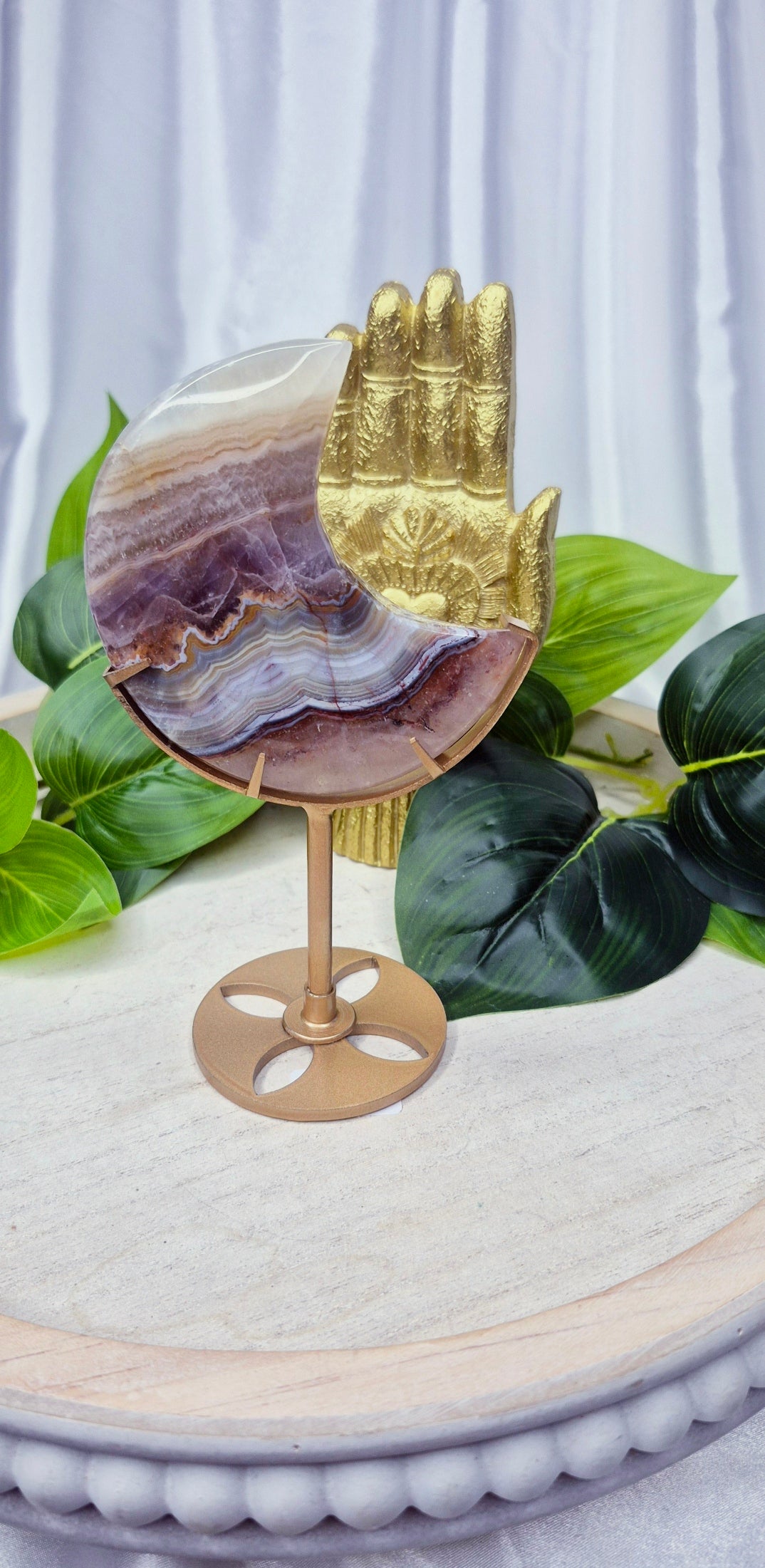 Amethyst x Crazy Lace Agate Moon Carving on Stand  #B