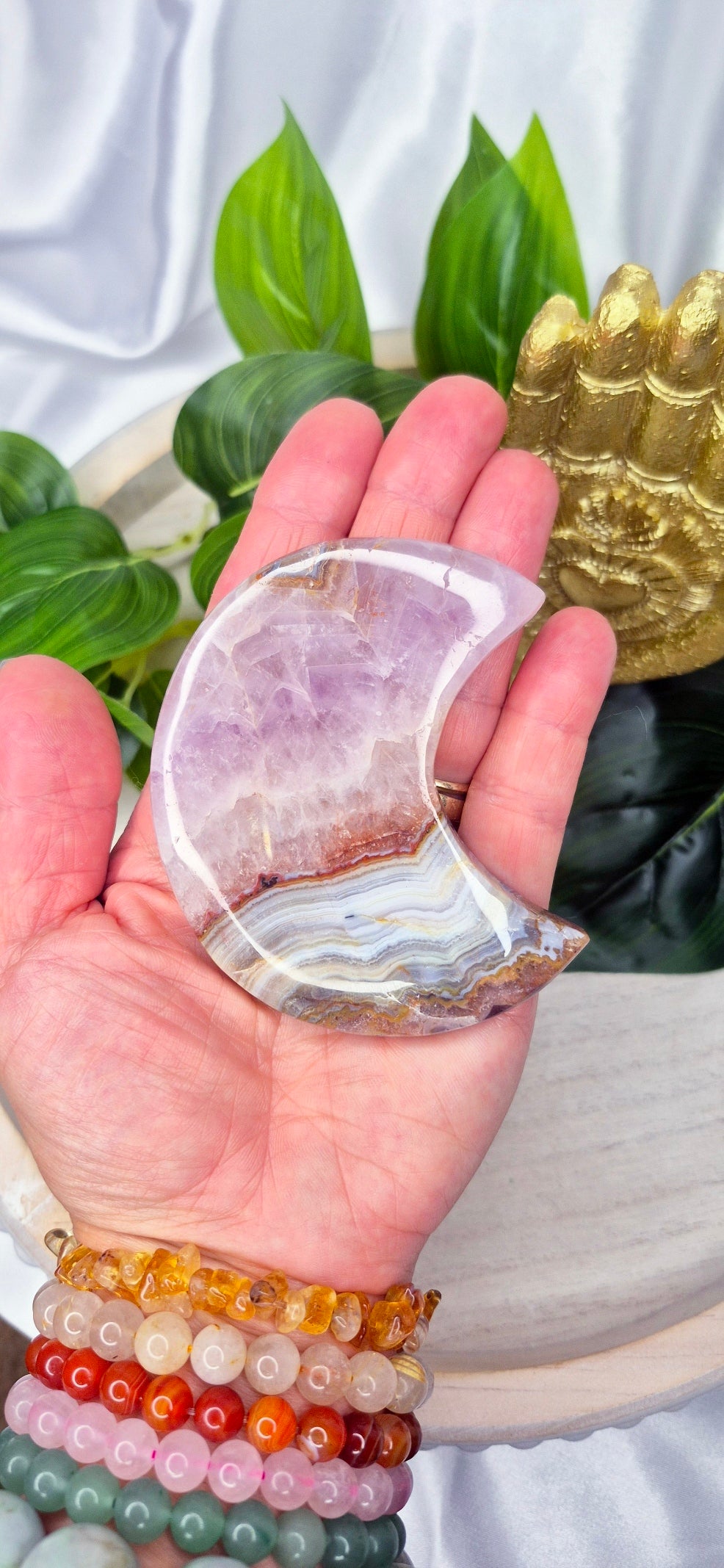 Amethyst x Crazy Lace Agate Moon Carving on Stand  #A