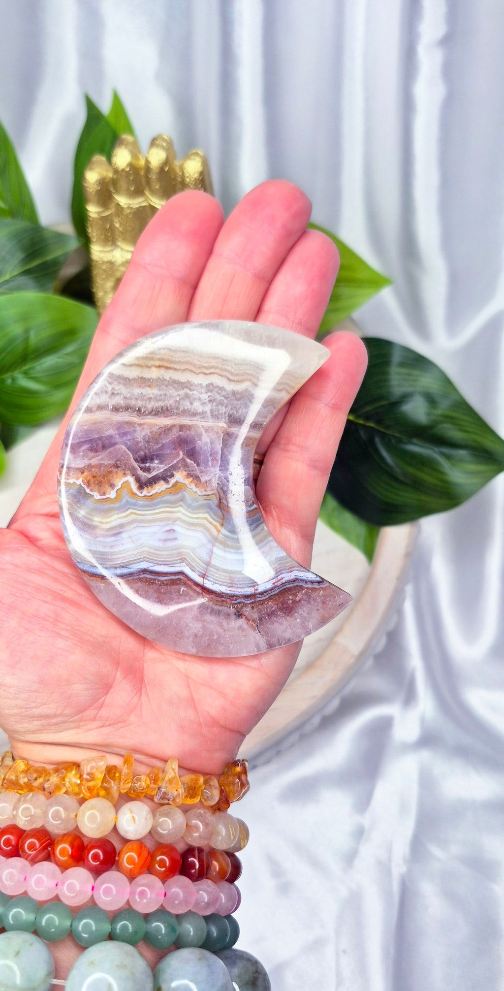 Amethyst x Crazy Lace Agate Moon Carving on Stand  #B