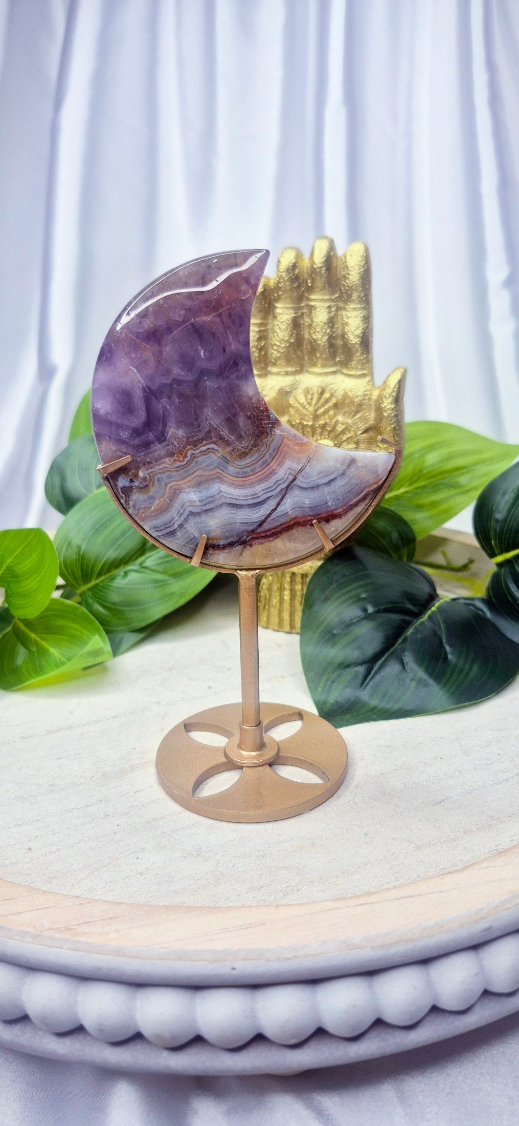 Amethyst x Crazy Lace Agate Moon Carving on Stand  #C