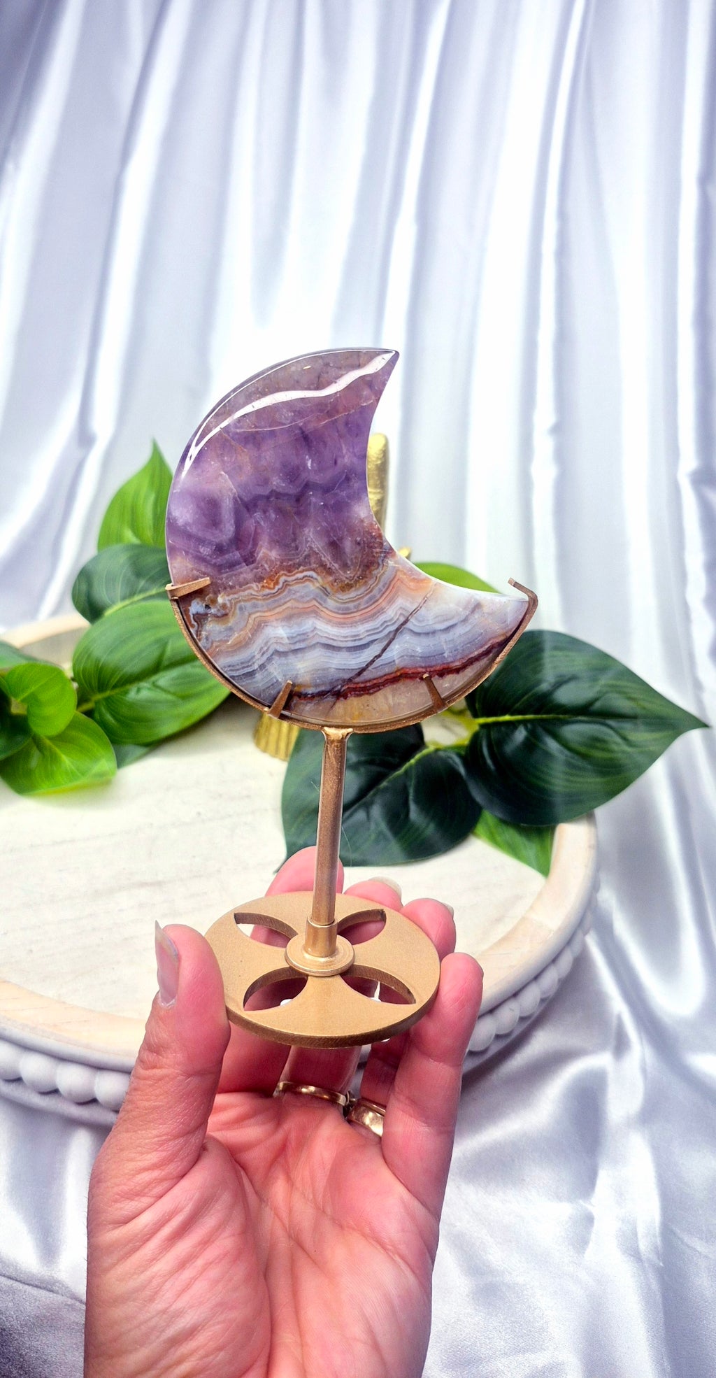 Amethyst x Crazy Lace Agate Moon Carving on Stand  #C