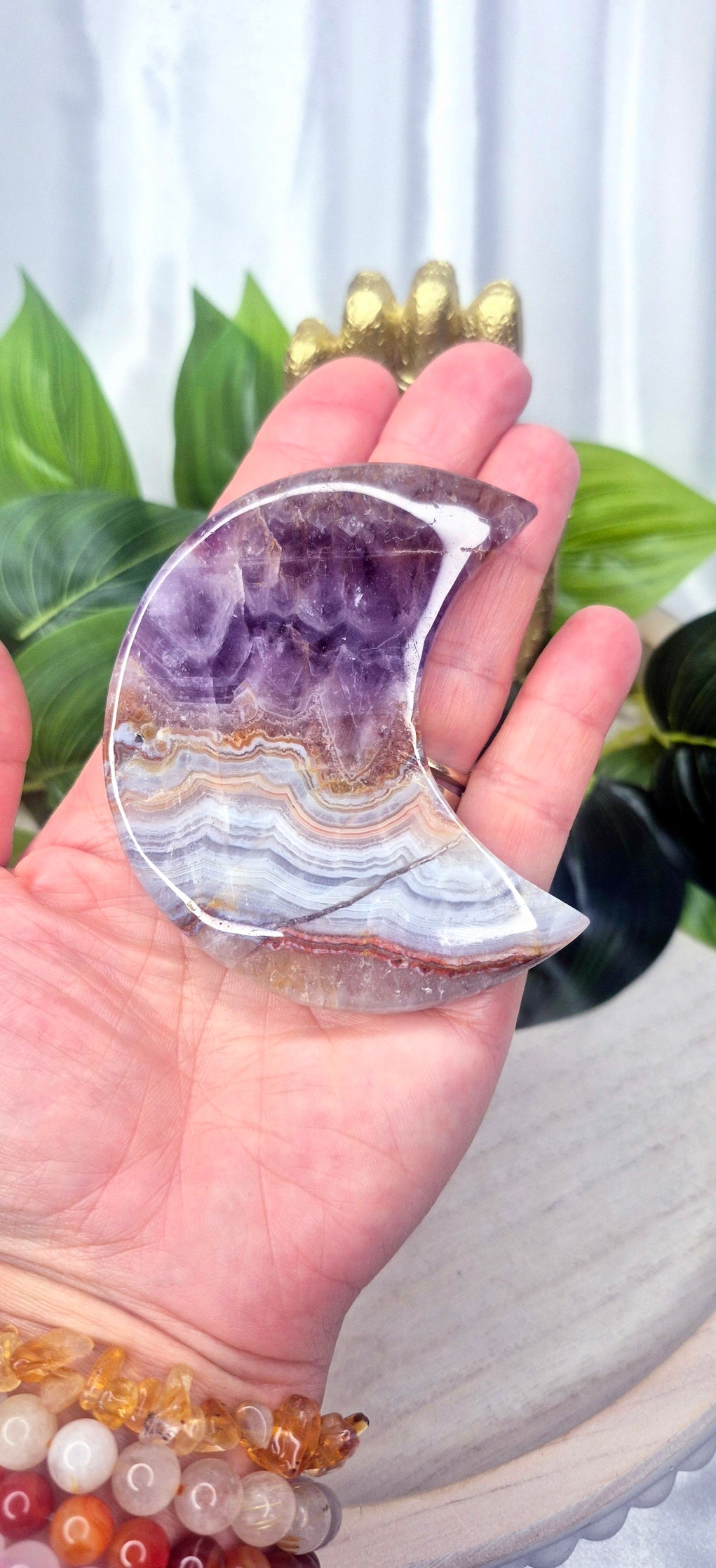 Amethyst x Crazy Lace Agate Moon Carving on Stand  #C