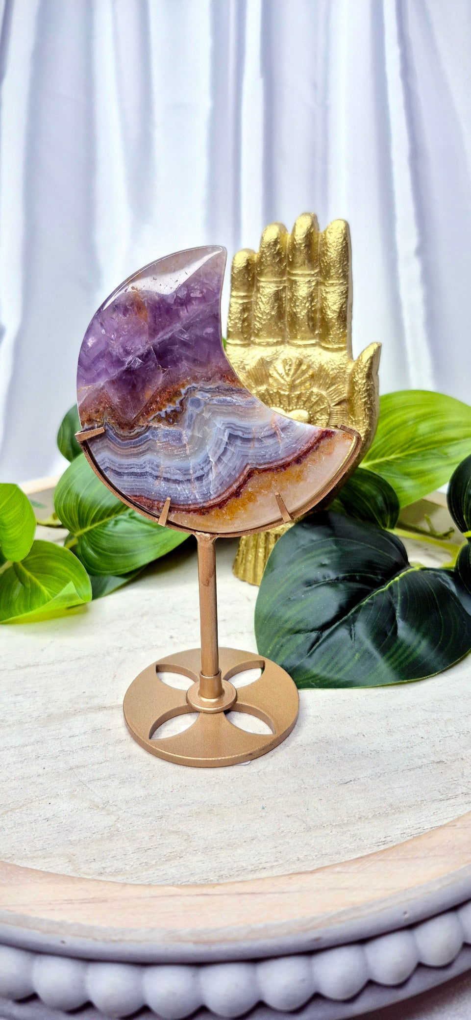 Amethyst x Crazy Lace Agate Moon Carving on Stand  #D