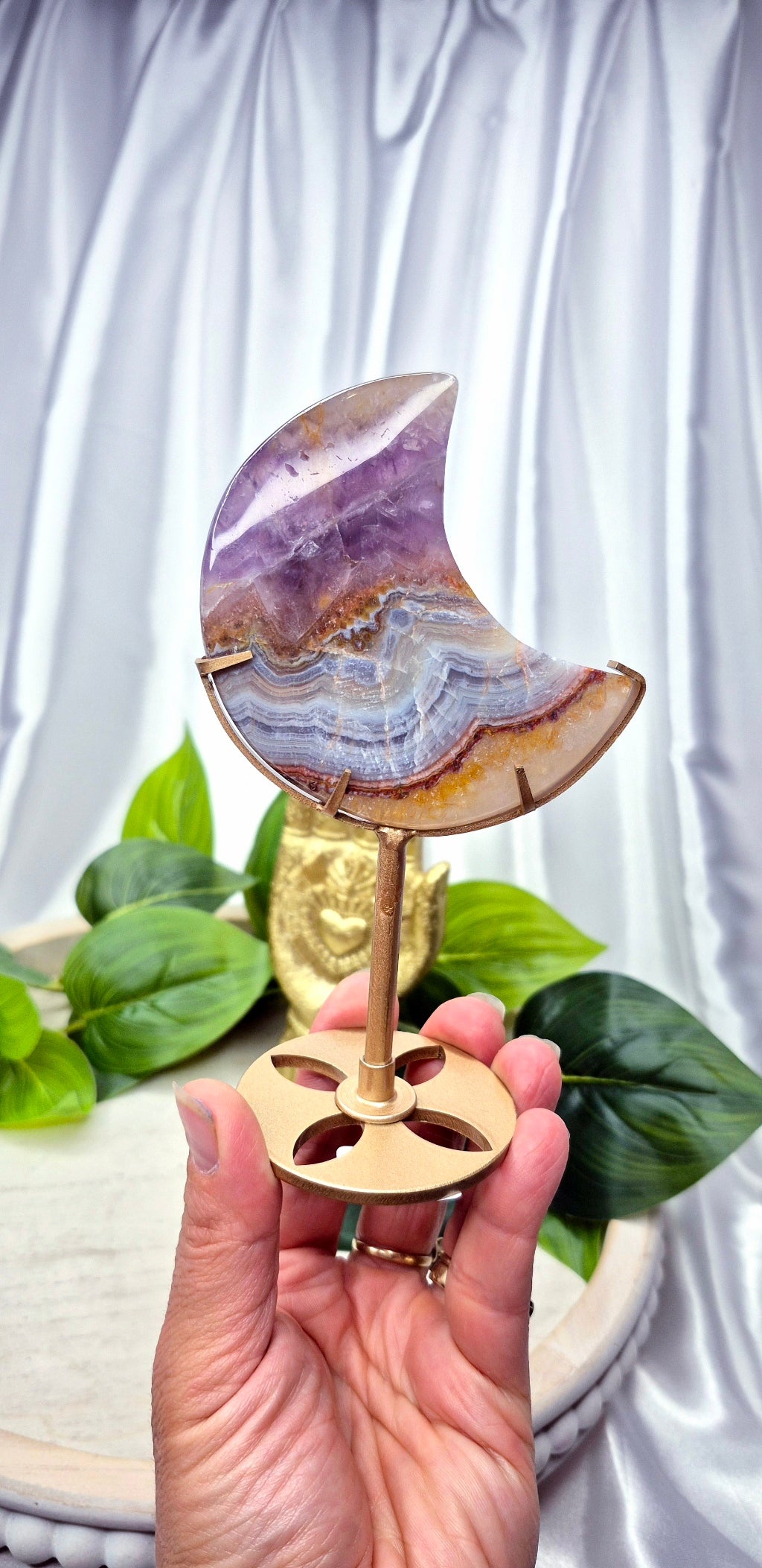 Amethyst x Crazy Lace Agate Moon Carving on Stand  #D