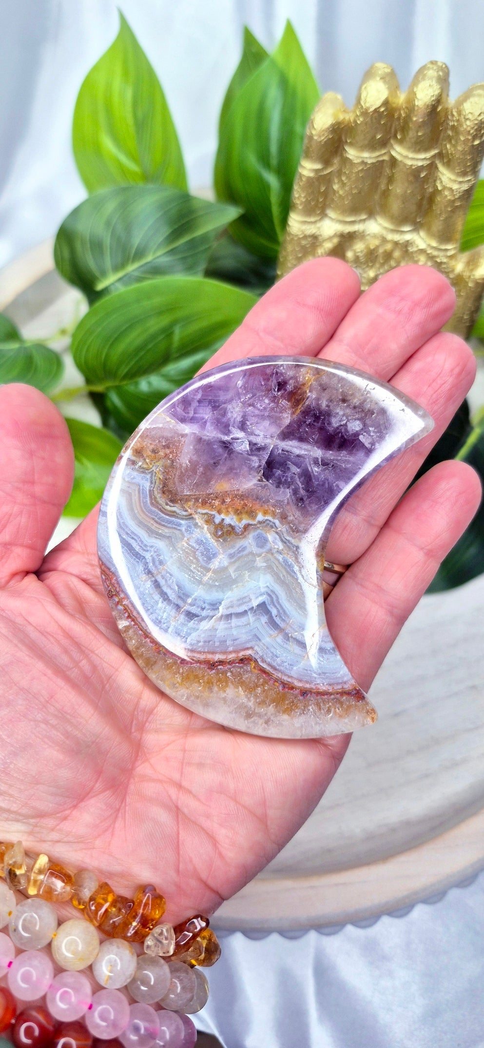 Amethyst x Crazy Lace Agate Moon Carving on Stand  #D