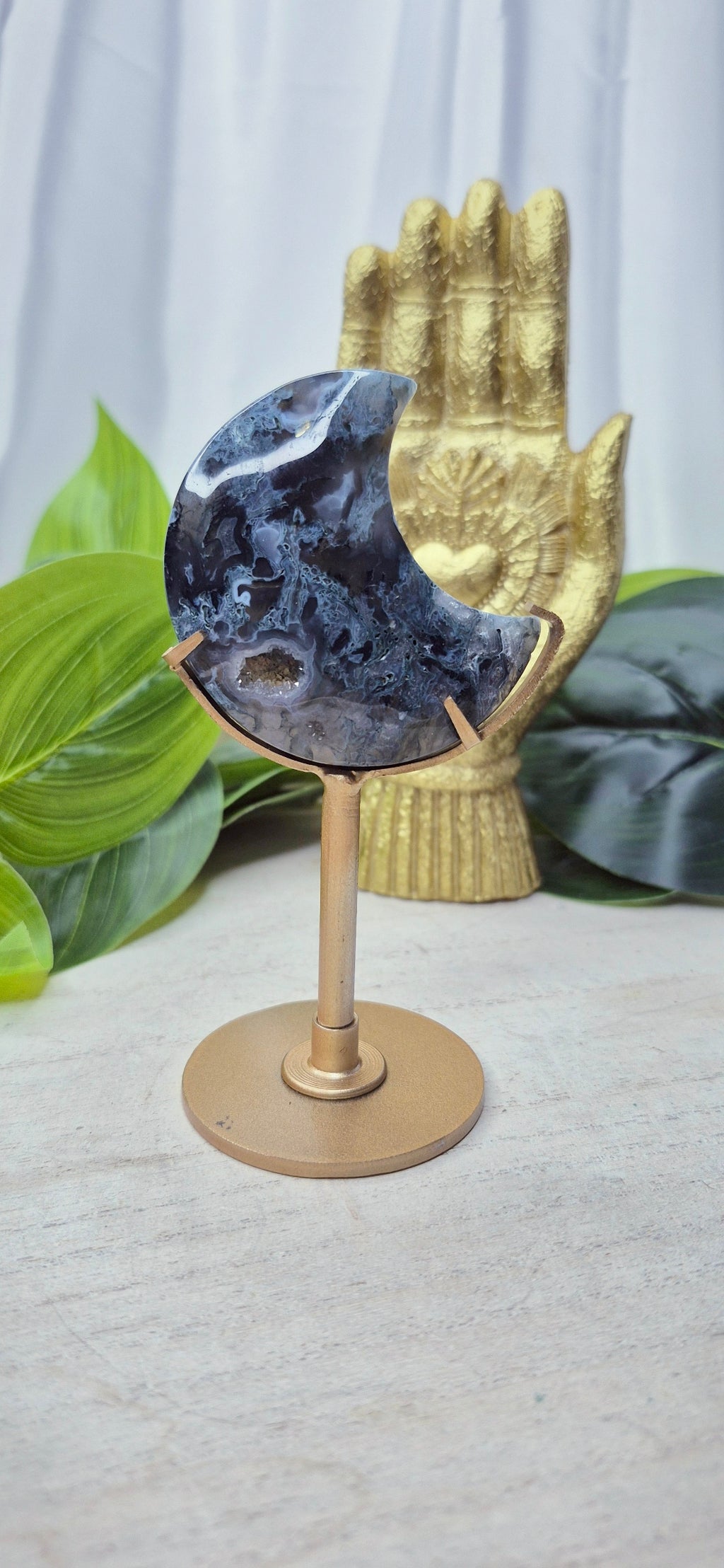 Sugar Druzy Moss Agate Heart Carving on Stand #A