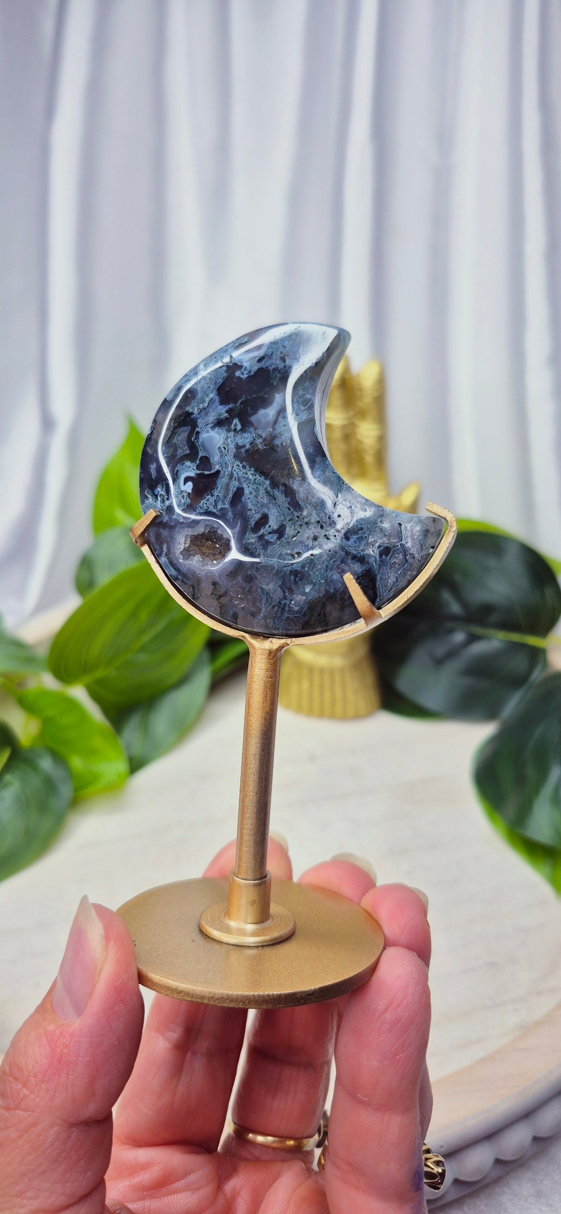 Sugar Druzy Moss Agate Heart Carving on Stand #A