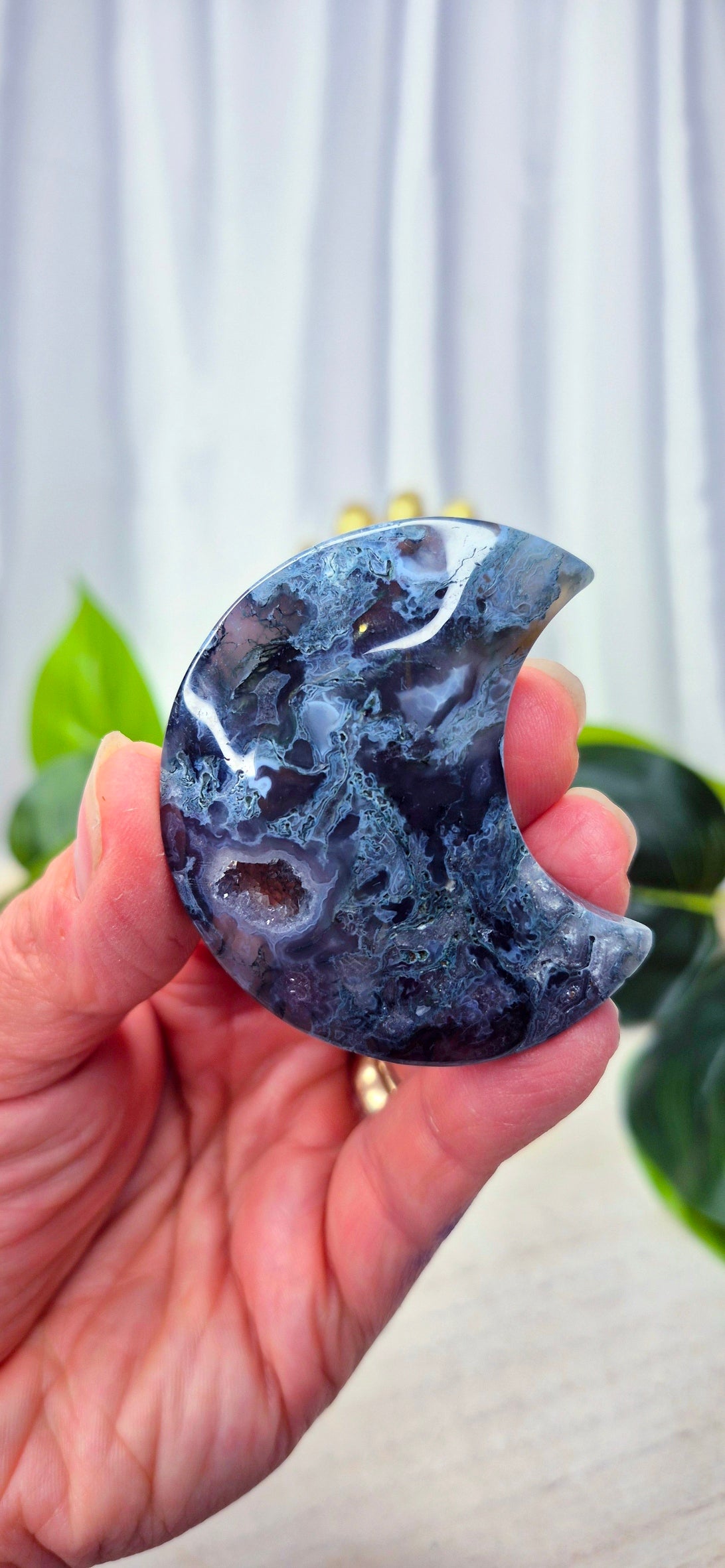 Sugar Druzy Moss Agate Heart Carving on Stand #A