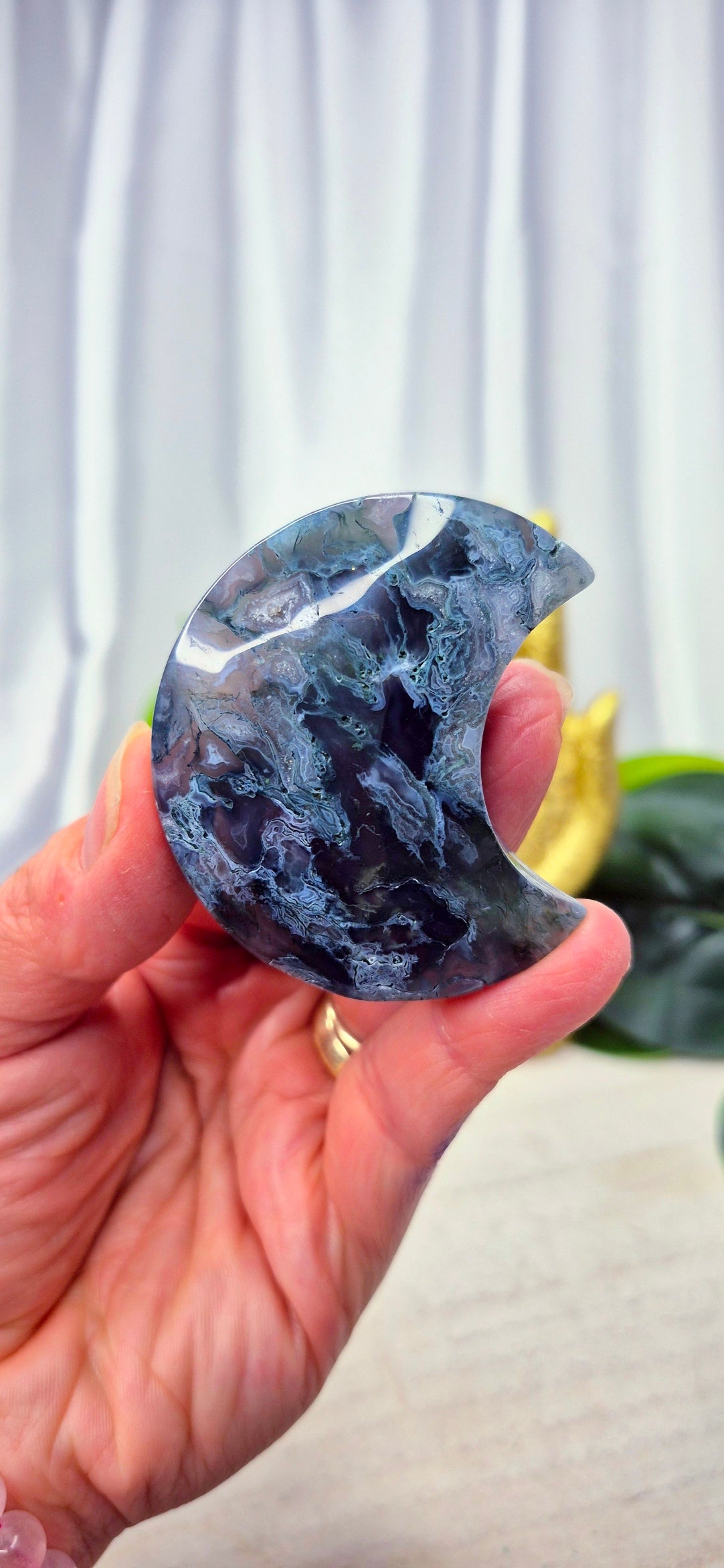 Sugar Druzy Moss Agate Heart Carving on Stand #A