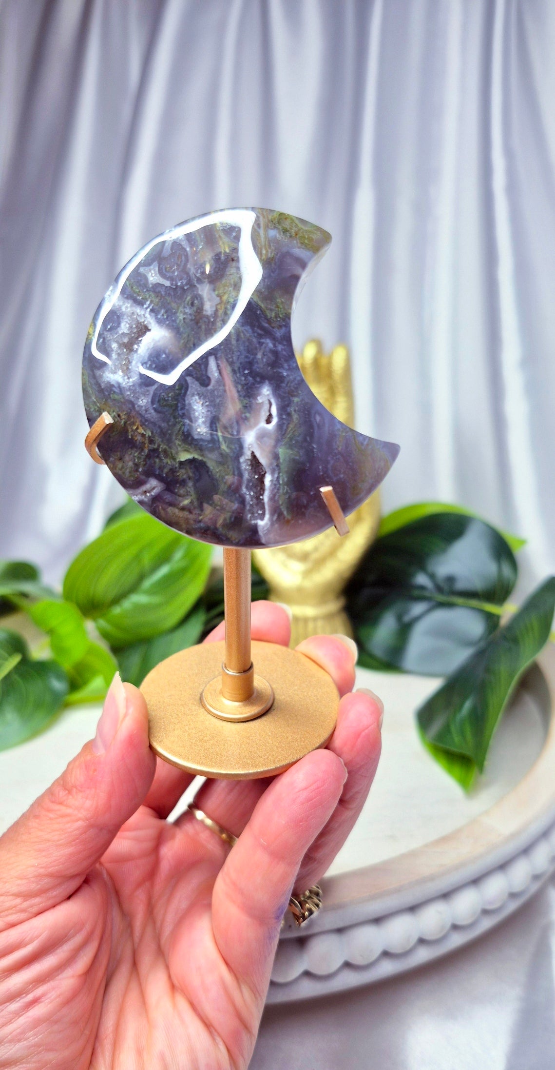 Sugar Druzy Agate Moon Carving on Stand #B