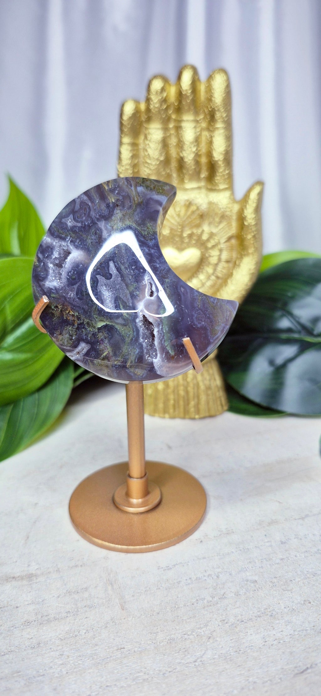 Sugar Druzy Agate Moon Carving on Stand #B