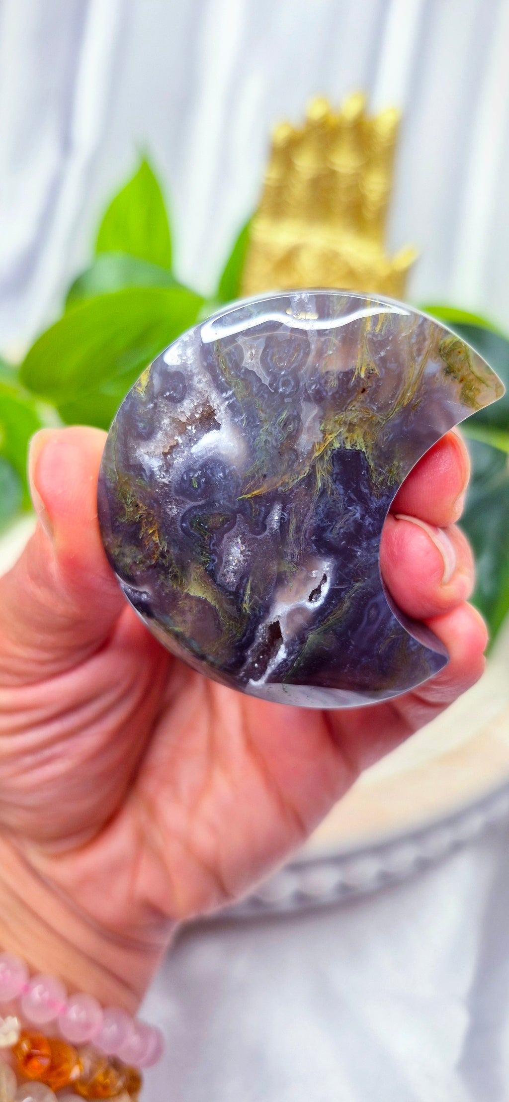 Sugar Druzy Agate Moon Carving on Stand #B