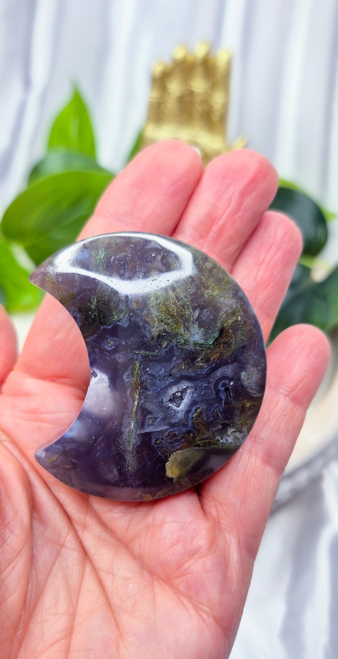 Sugar Druzy Agate Moon Carving on Stand #B