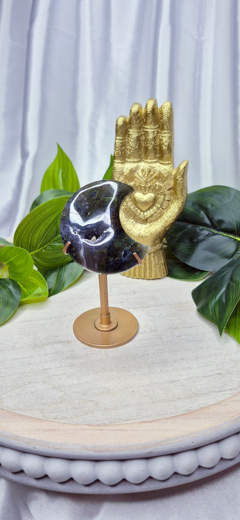 Sugar Druzy Moss Agate Moon carving on Stand  #C