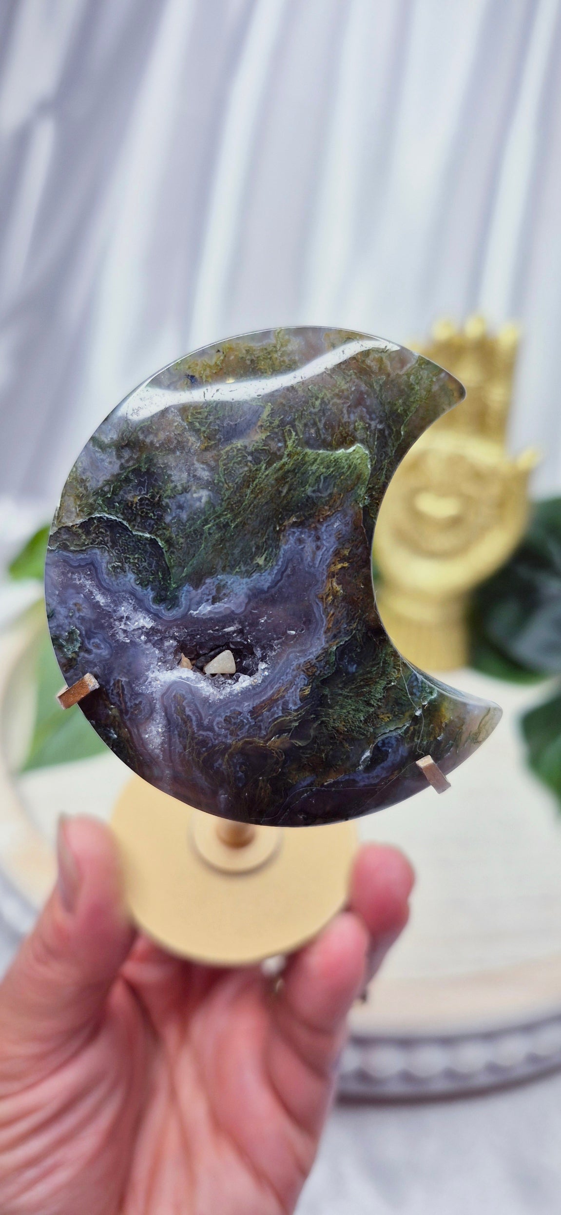 Sugar Druzy Moss Agate Moon carving on Stand  #C